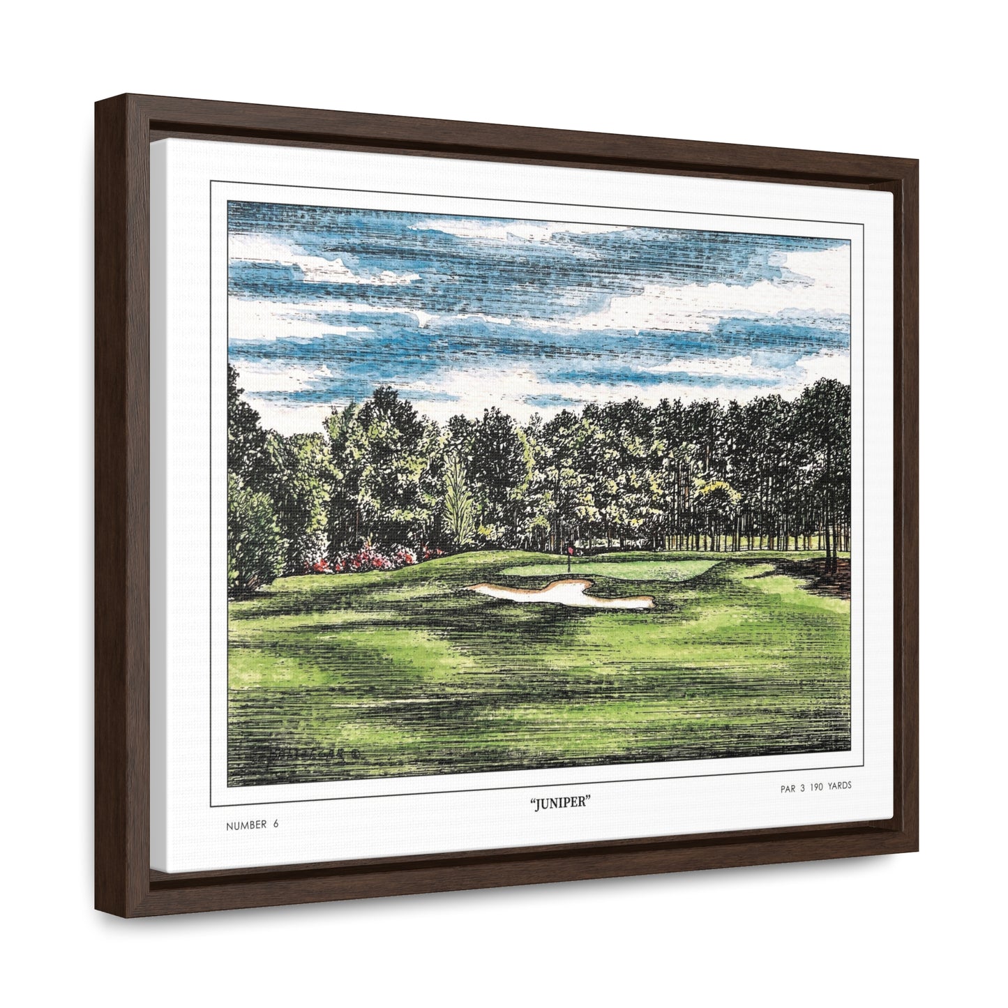 Juniper Augusta National Hole 6 Watercolor Painting | Original Masters Golf Art for Wall | Framed Horizontal Stretched Canvas Print