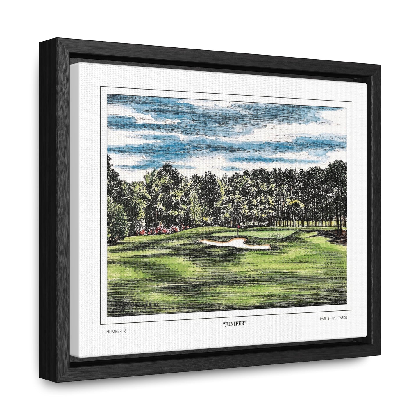 Juniper Augusta National Hole 6 Watercolor Painting | Original Masters Golf Art for Wall | Framed Horizontal Stretched Canvas Print