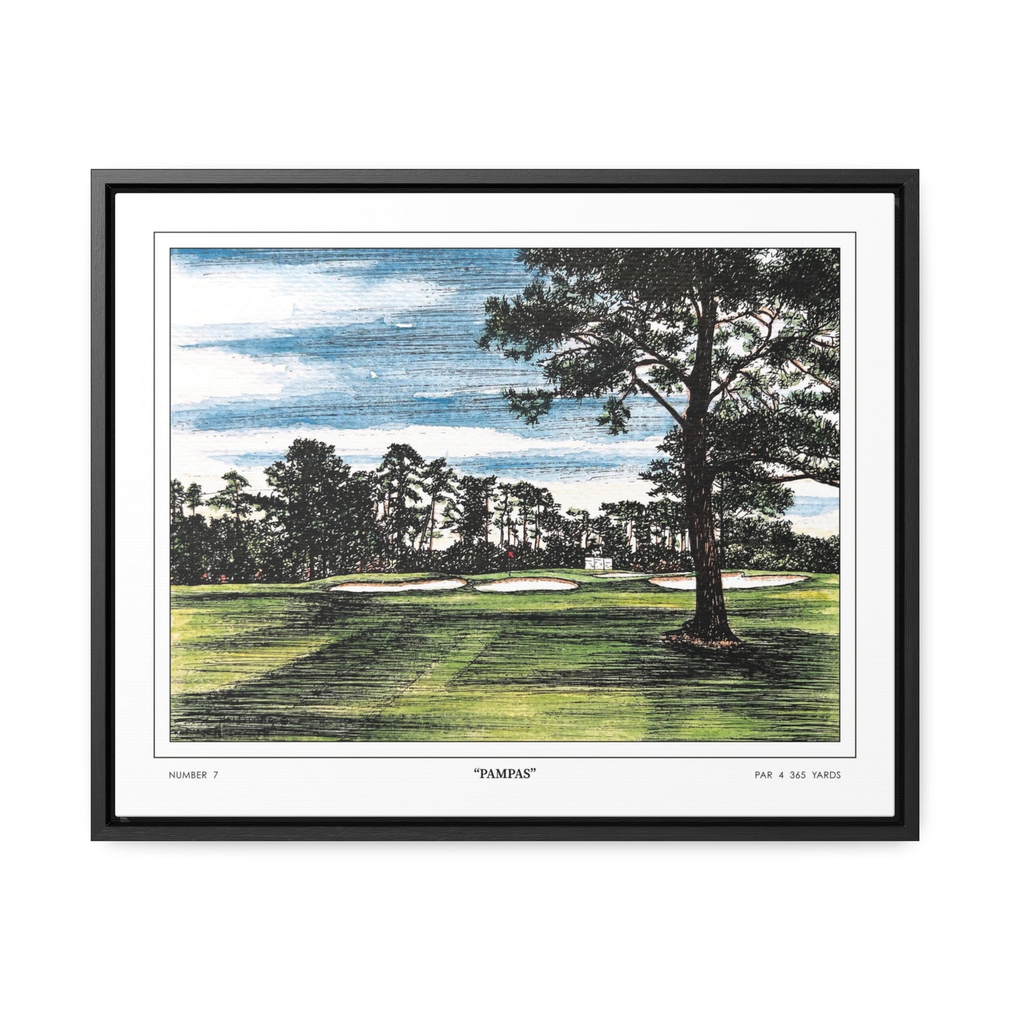 Pampas Augusta National Hole 7 Watercolor Painting | Original Masters Golf Art for Wall | Framed Horizontal Stretched Canvas Print