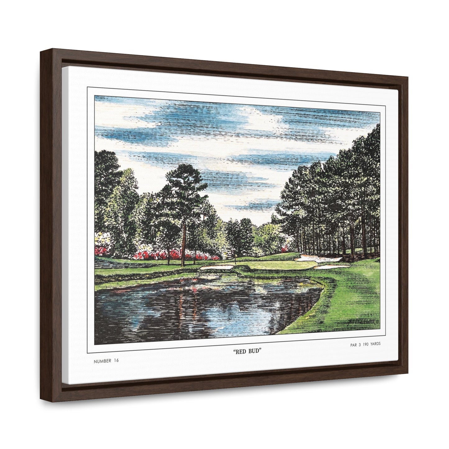 Redbud Augusta National Hole 16 Watercolor Painting | Original Masters Golf Art for Wall | Framed Horizontal Stretched Canvas Print