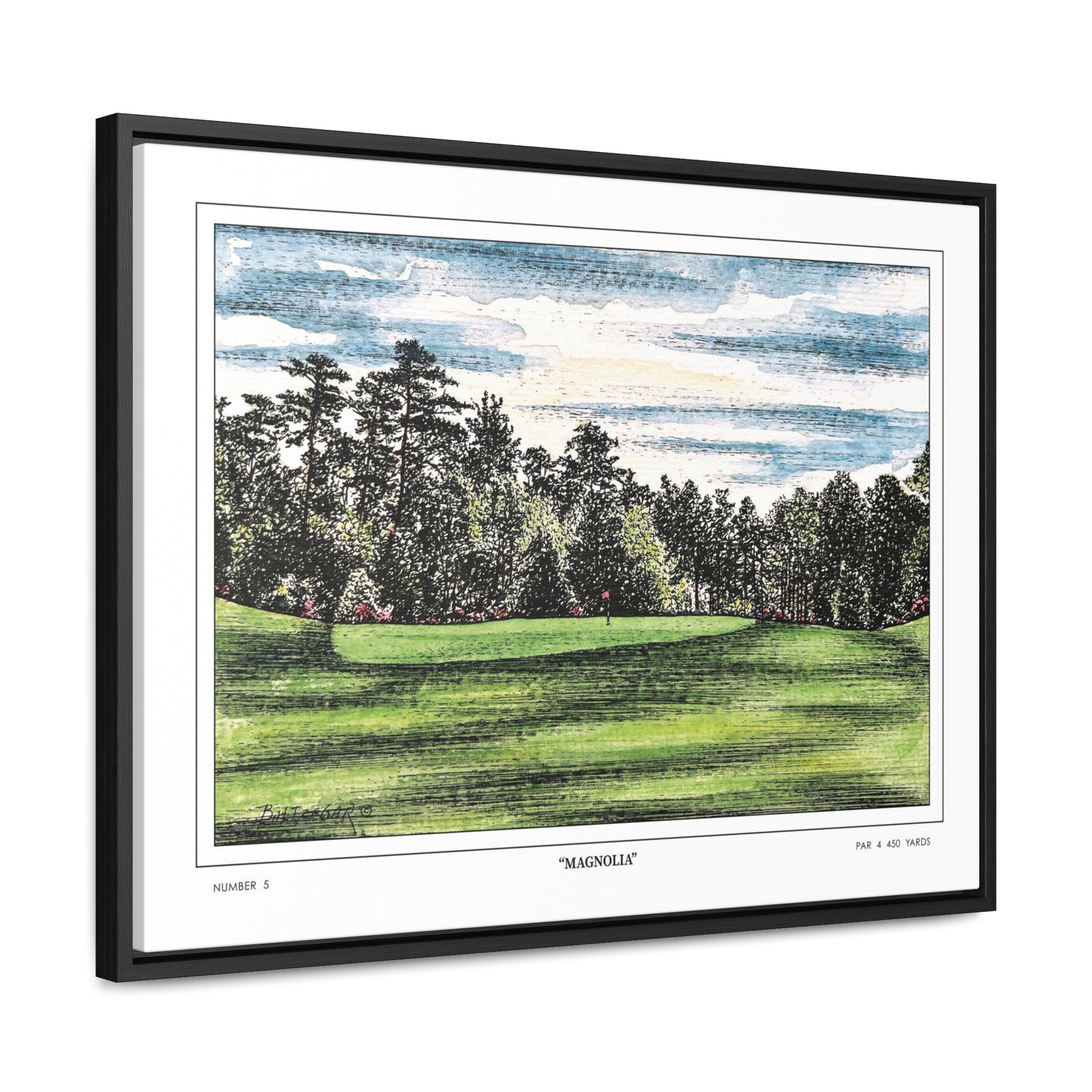 Magnolia Augusta National Hole 5 Watercolor Painting | Original Masters Golf Art for Wall | Framed Horizontal Stretched Canvas Print