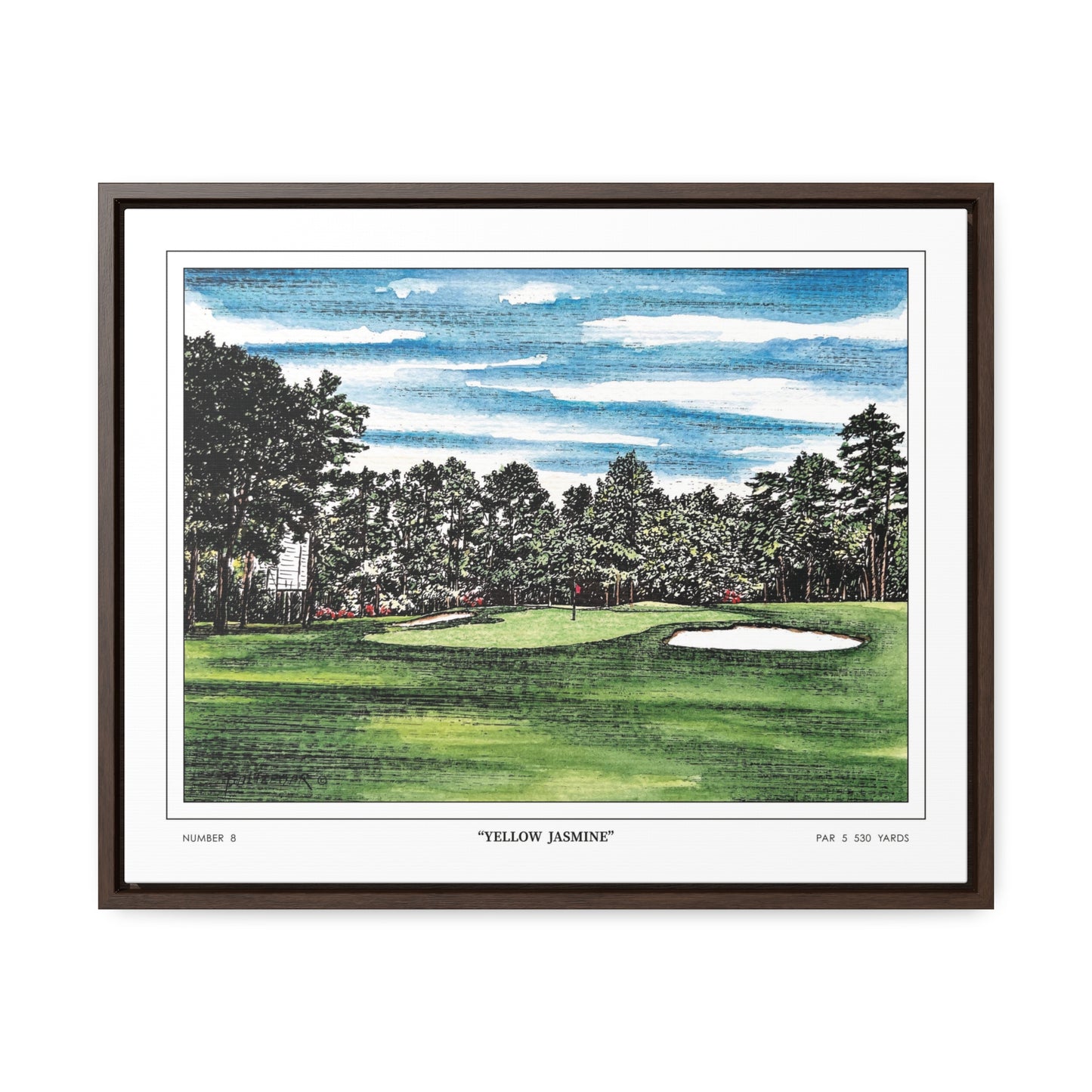 Yellow Jasmine Augusta National Hole 8 Watercolor Painting | Original Masters Golf Art for Wall | Framed Horizontal Stretched Canvas Print