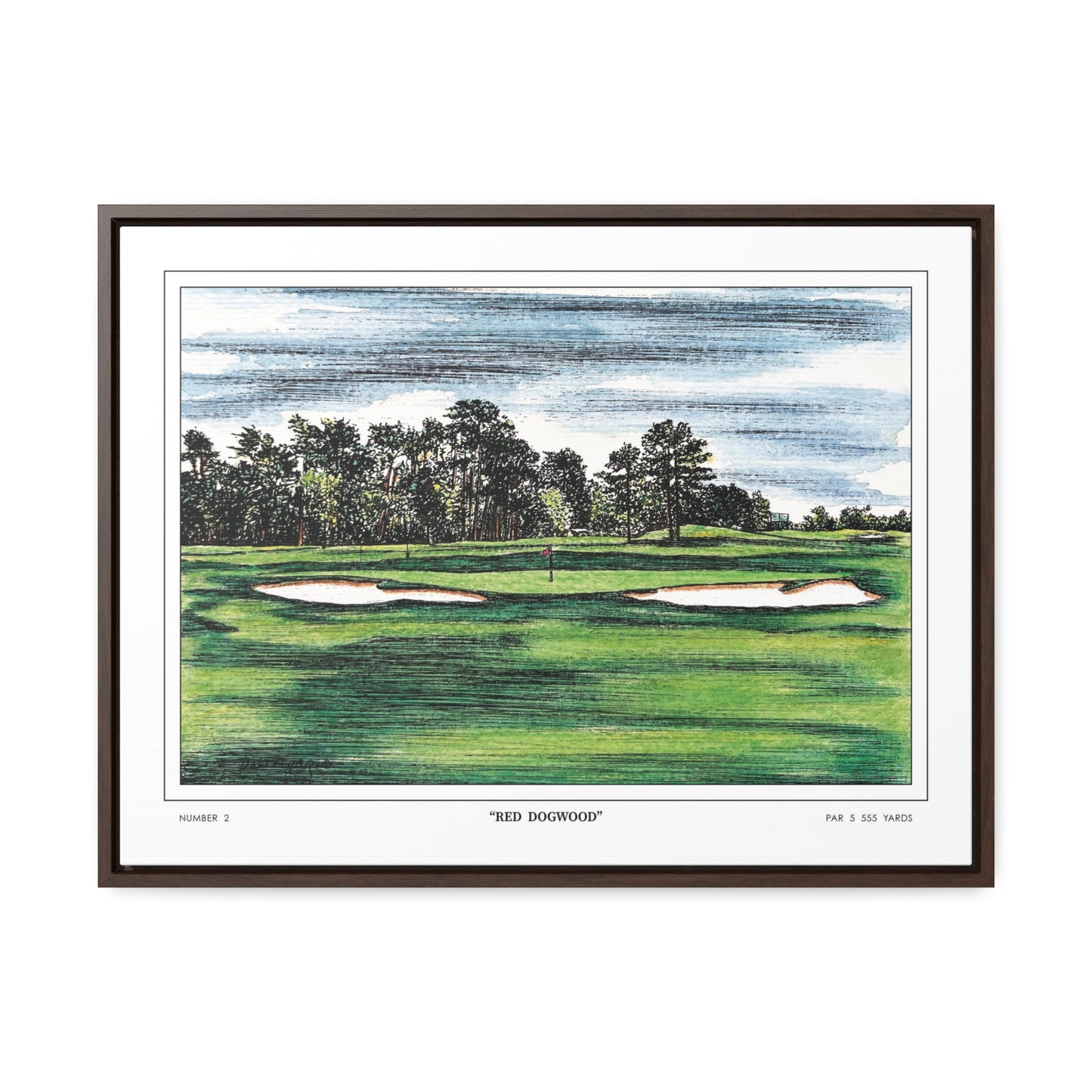 Pink Dogwood Augusta National Hole 2 Watercolor Painting | Original Masters Golf Art for Wall | Framed Horizontal Stretched Canvas Print