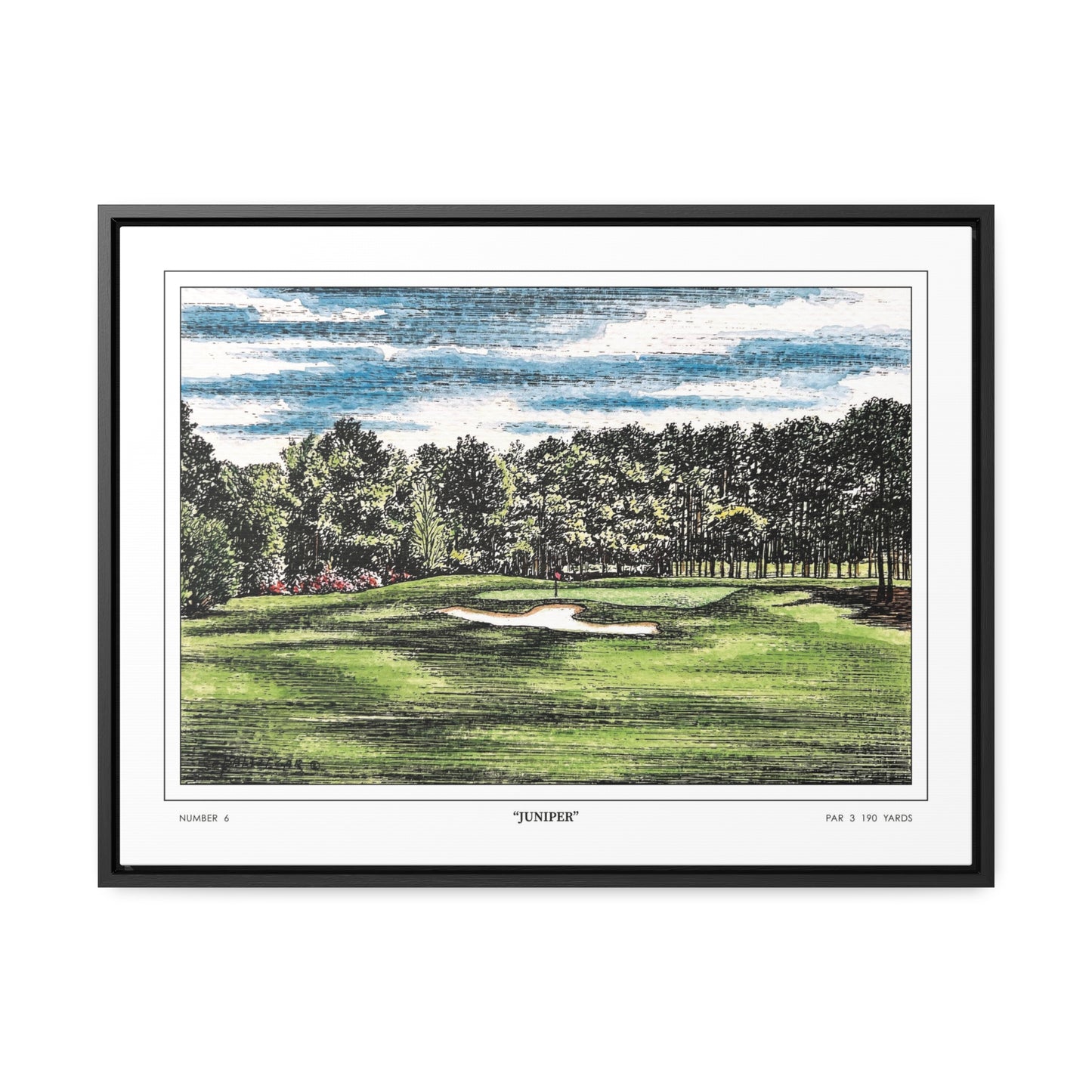 Juniper Augusta National Hole 6 Watercolor Painting | Original Masters Golf Art for Wall | Framed Horizontal Stretched Canvas Print