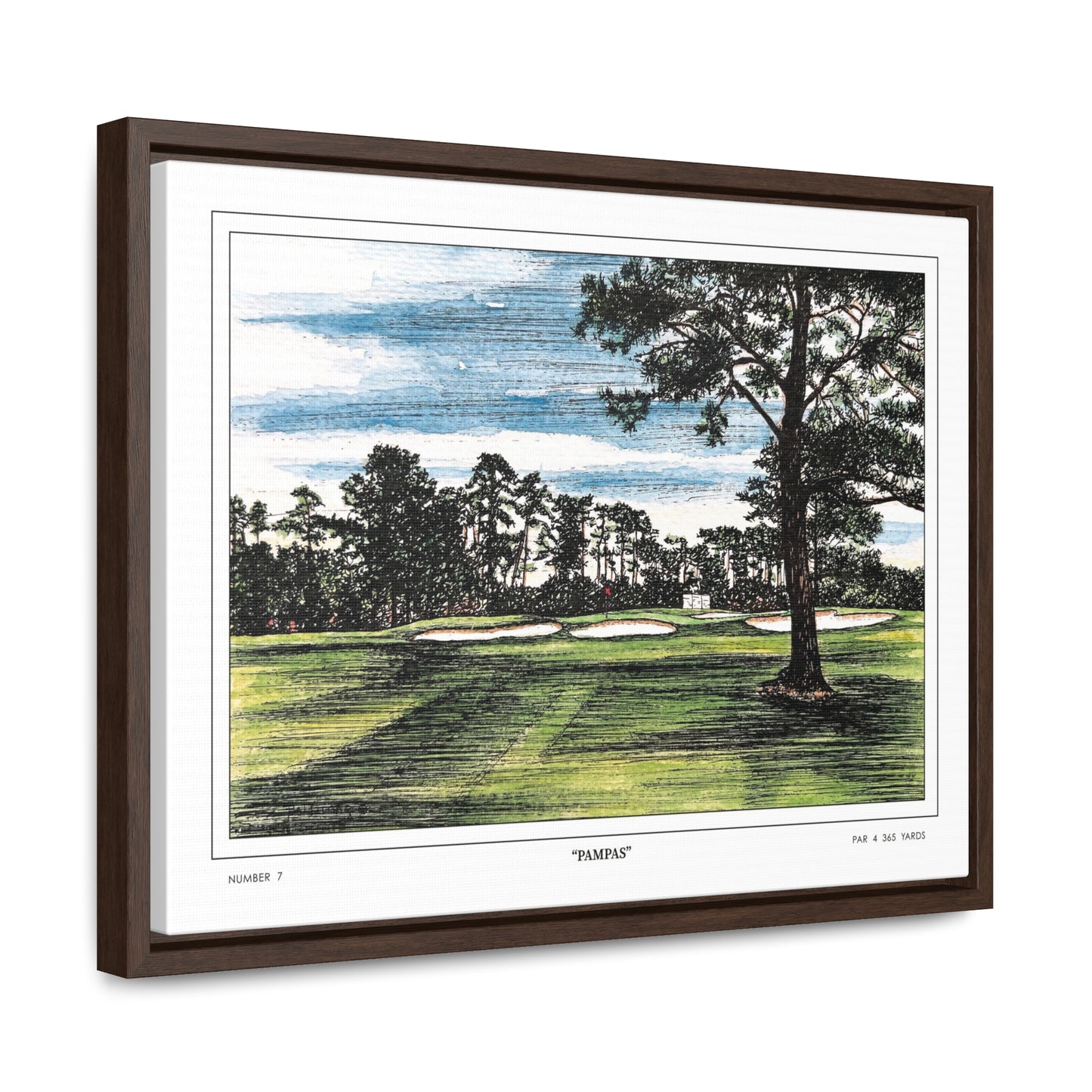 Pampas Augusta National Hole 7 Watercolor Painting | Original Masters Golf Art for Wall | Framed Horizontal Stretched Canvas Print