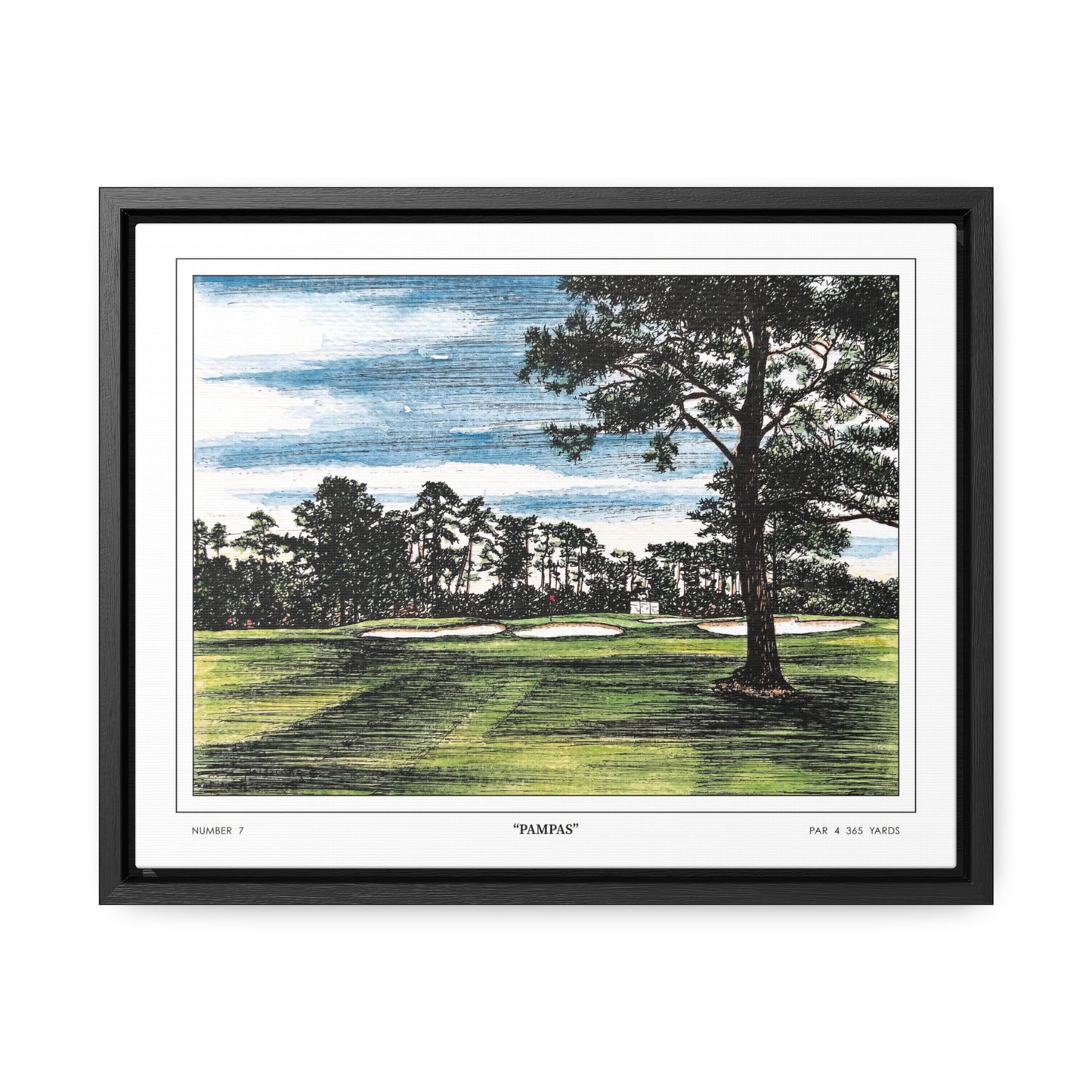 Pampas Augusta National Hole 7 Watercolor Painting | Original Masters Golf Art for Wall | Framed Horizontal Stretched Canvas Print