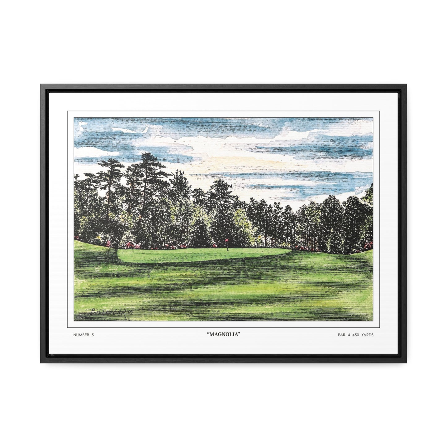 Magnolia Augusta National Hole 5 Watercolor Painting | Original Masters Golf Art for Wall | Framed Horizontal Stretched Canvas Print