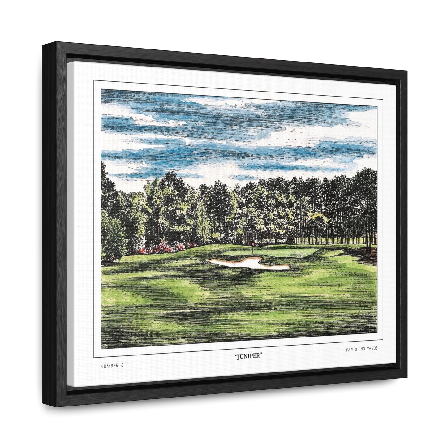 Juniper Augusta National Hole 6 Watercolor Painting | Original Masters Golf Art for Wall | Framed Horizontal Stretched Canvas Print