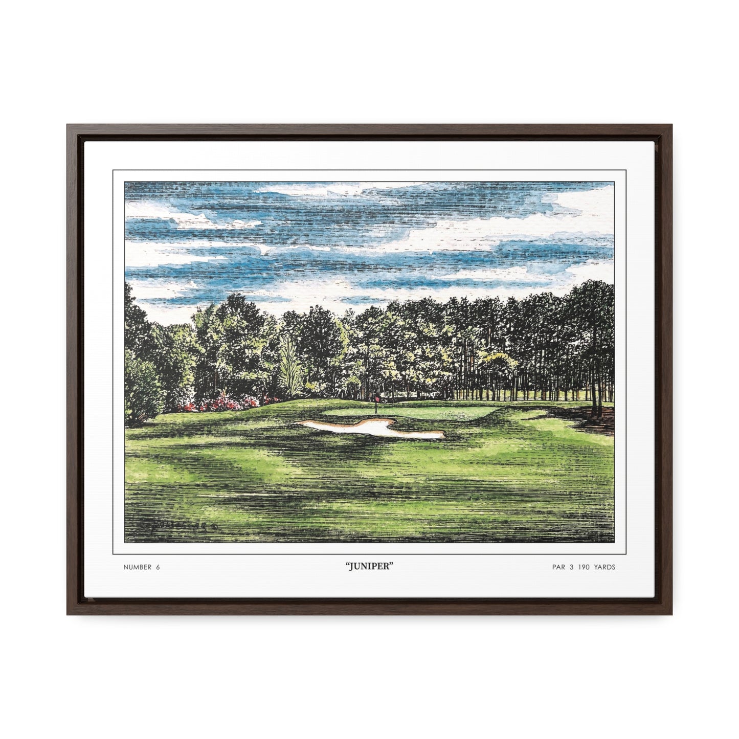 Juniper Augusta National Hole 6 Watercolor Painting | Original Masters Golf Art for Wall | Framed Horizontal Stretched Canvas Print