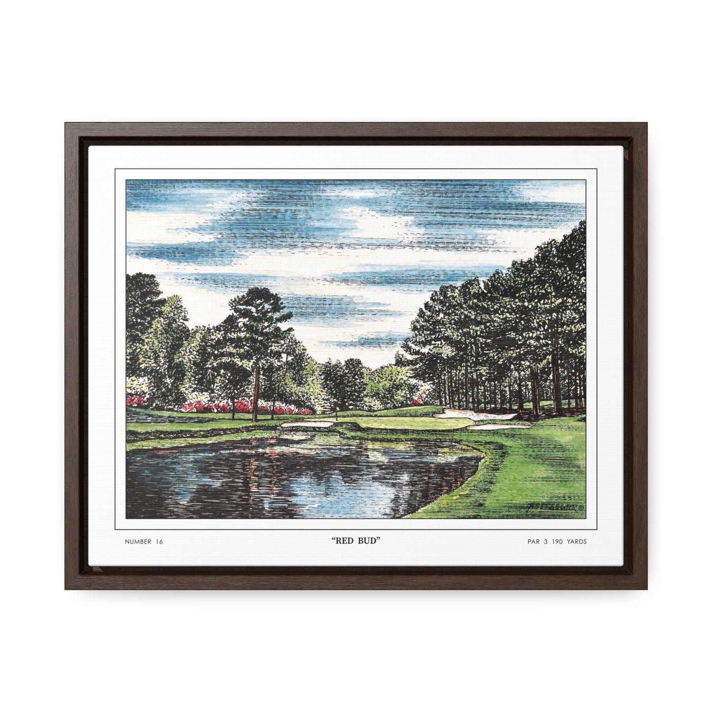 Redbud Augusta National Hole 16 Watercolor Painting | Original Masters Golf Art for Wall | Framed Horizontal Stretched Canvas Print