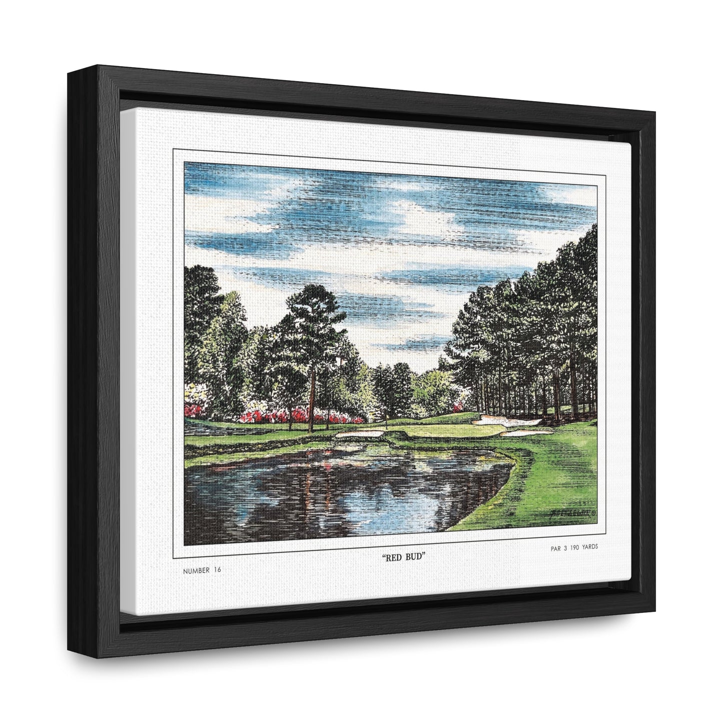 Redbud Augusta National Hole 16 Watercolor Painting | Original Masters Golf Art for Wall | Framed Horizontal Stretched Canvas Print