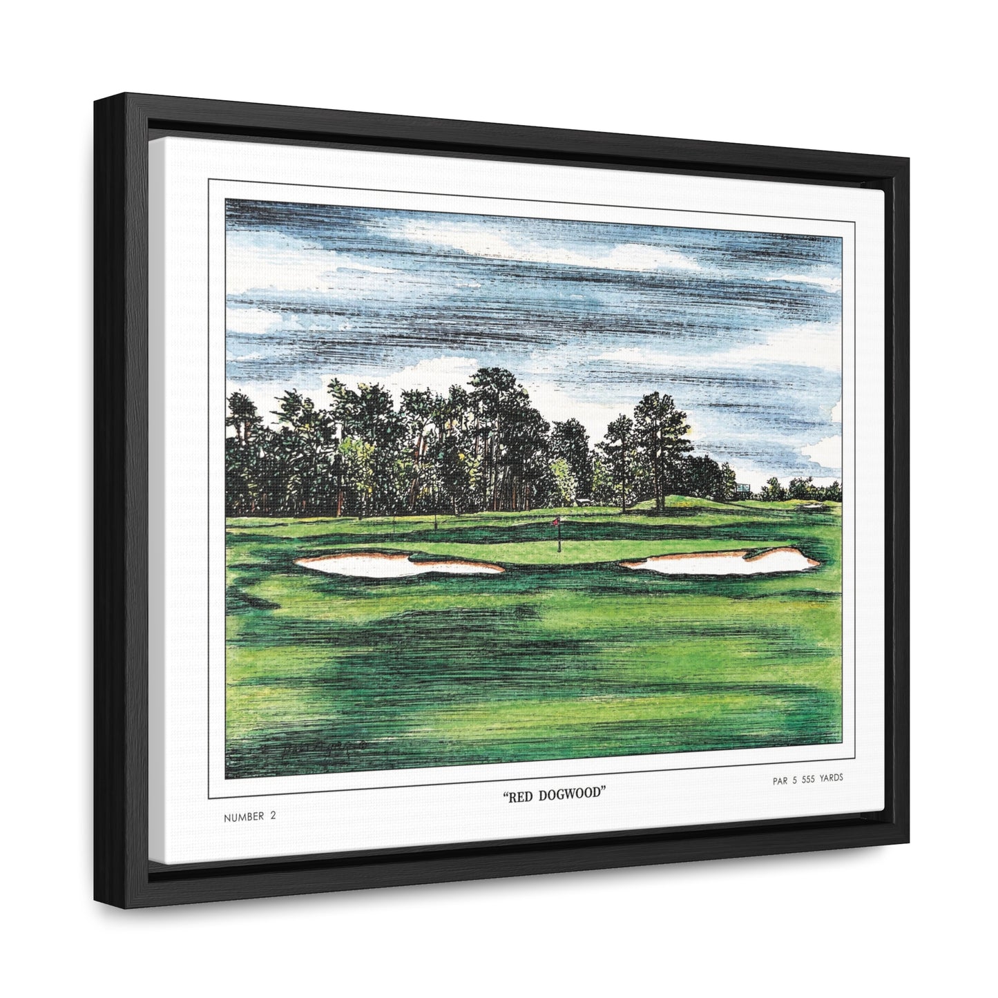 Pink Dogwood Augusta National Hole 2 Watercolor Painting | Original Masters Golf Art for Wall | Framed Horizontal Stretched Canvas Print