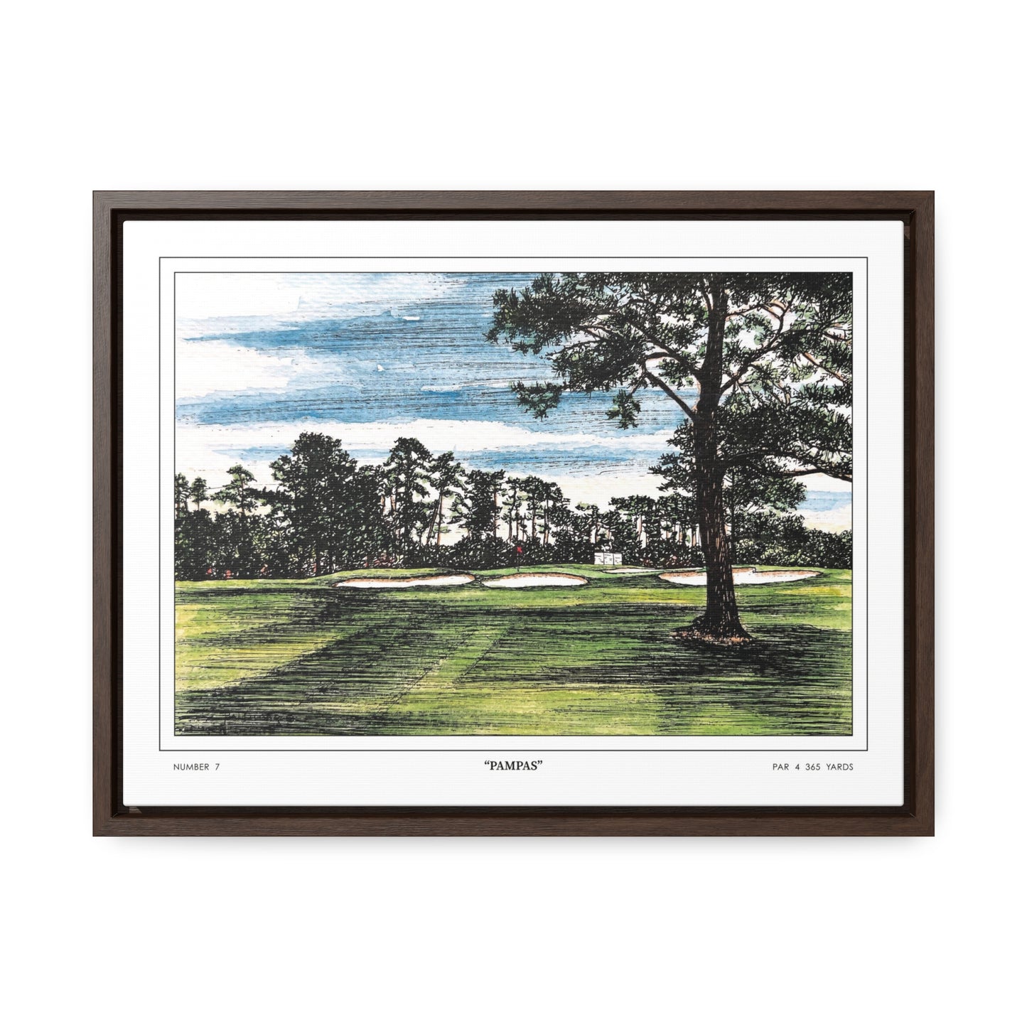 Pampas Augusta National Hole 7 Watercolor Painting | Original Masters Golf Art for Wall | Framed Horizontal Stretched Canvas Print