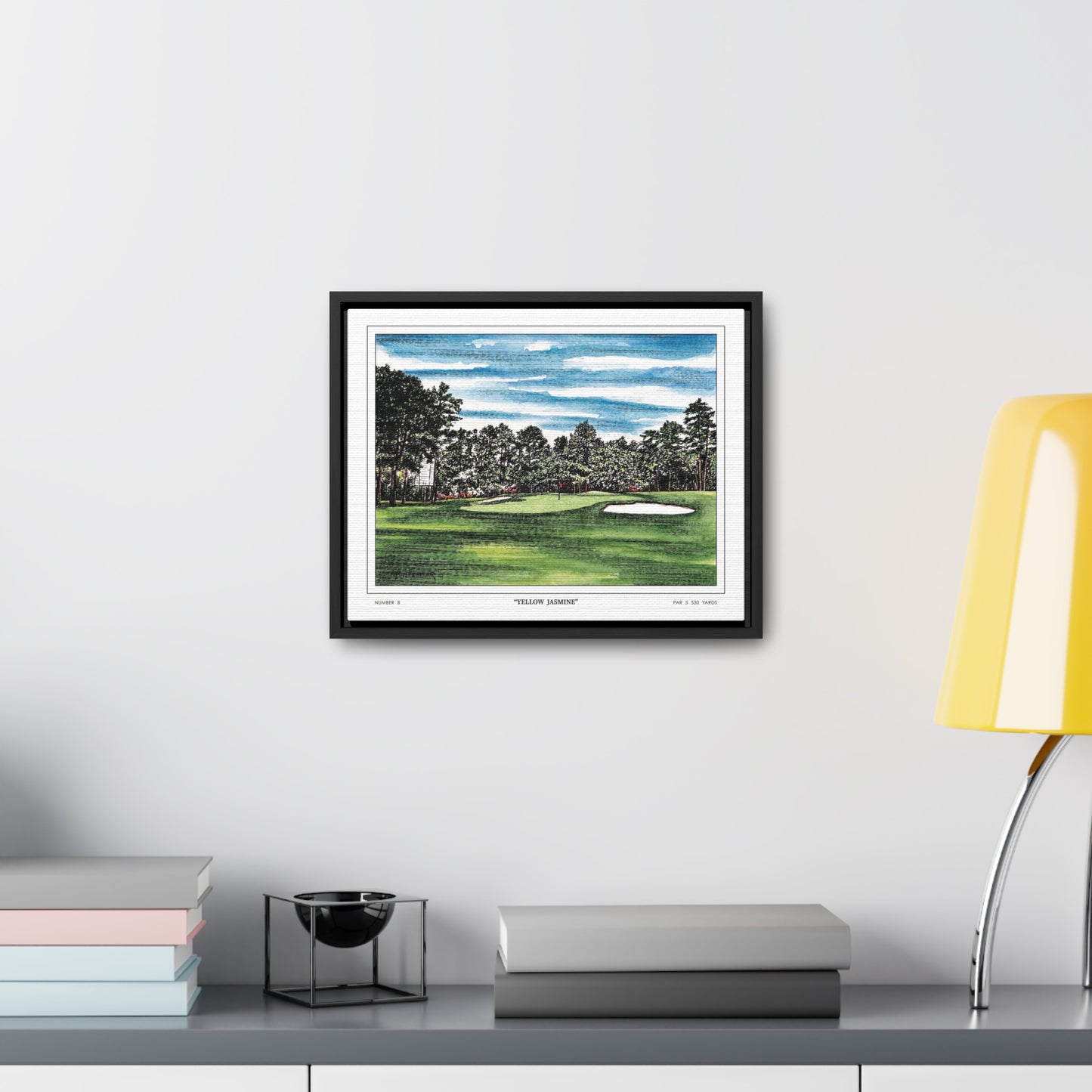 Yellow Jasmine Augusta National Hole 8 Watercolor Painting | Original Masters Golf Art for Wall | Framed Horizontal Stretched Canvas Print