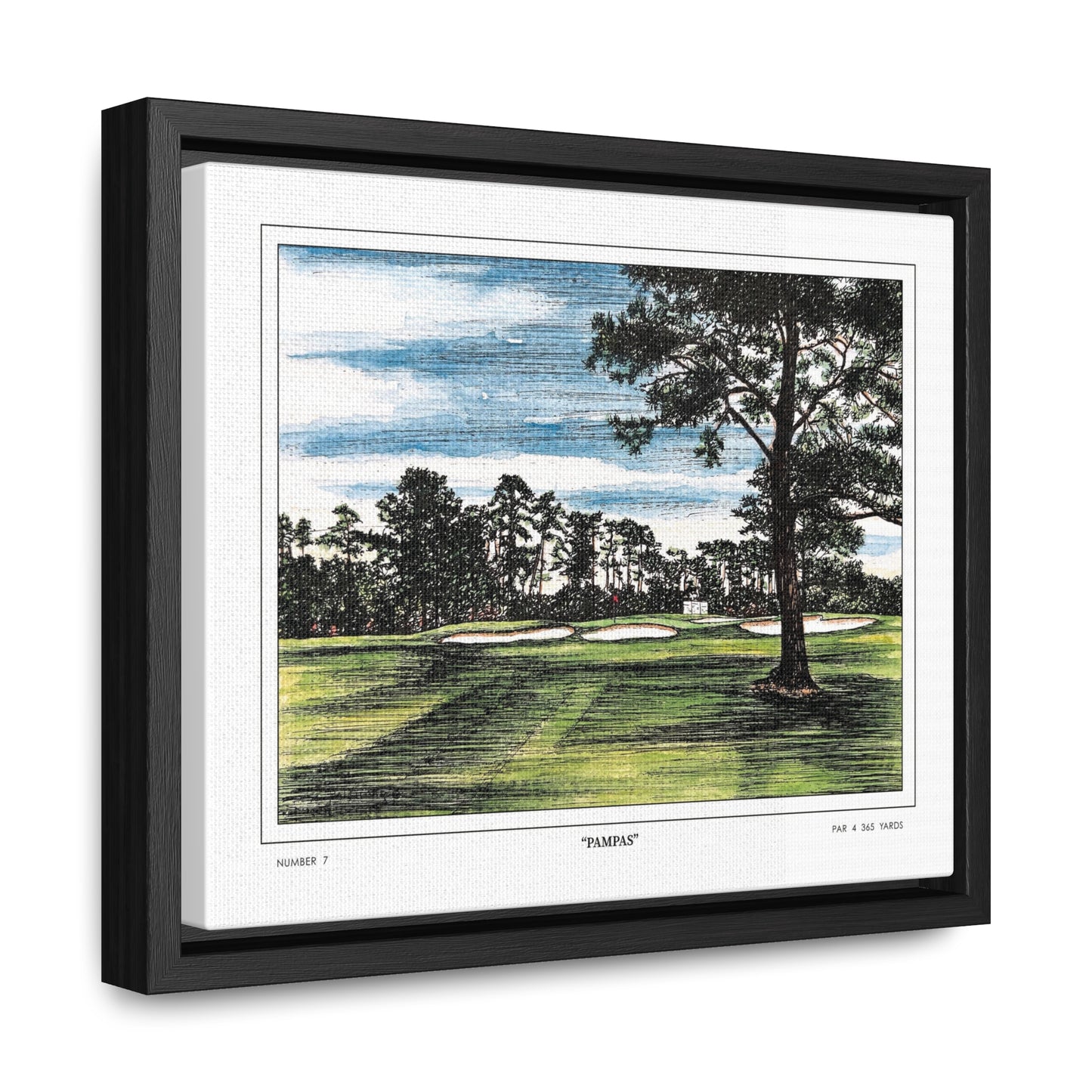 Pampas Augusta National Hole 7 Watercolor Painting | Original Masters Golf Art for Wall | Framed Horizontal Stretched Canvas Print