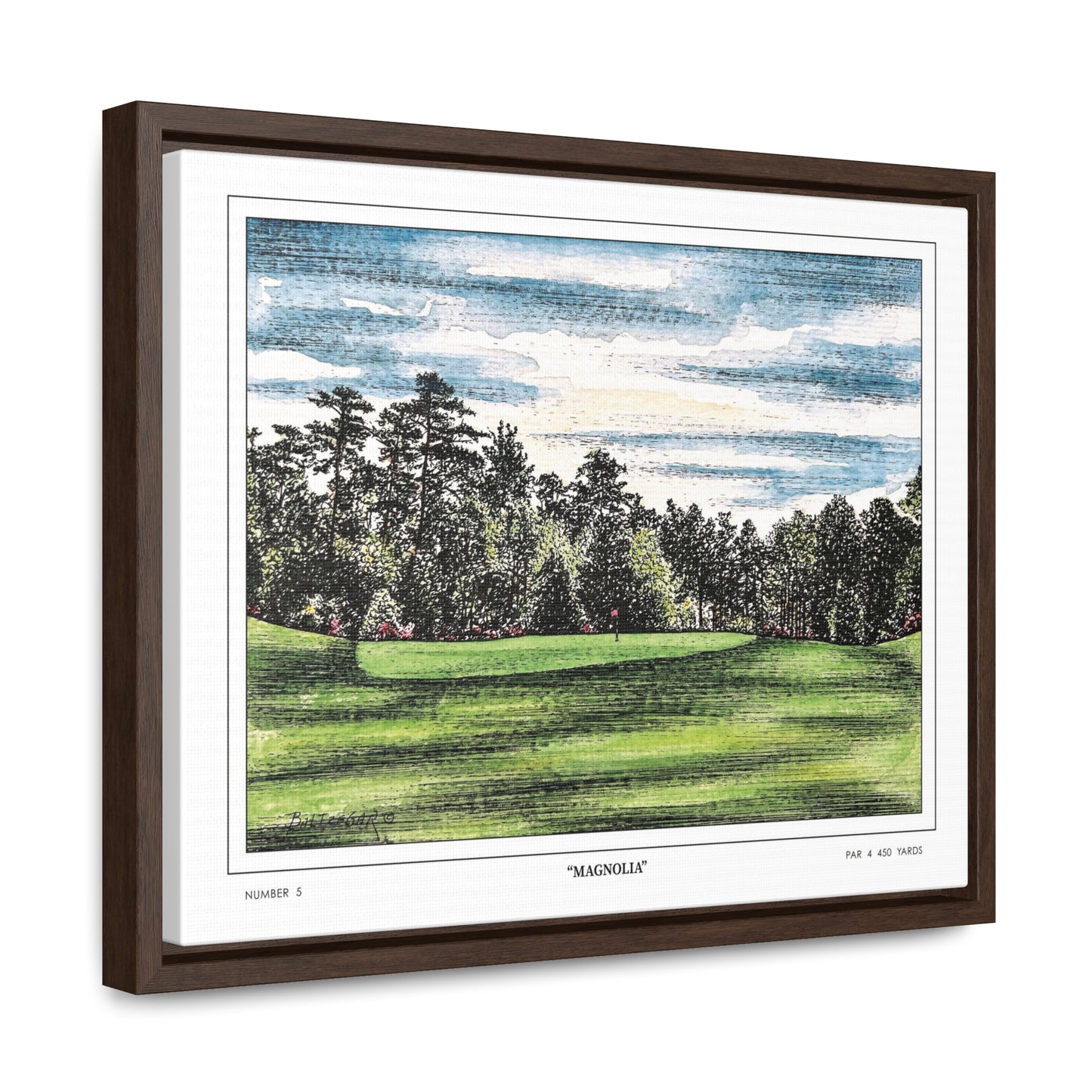 Magnolia Augusta National Hole 5 Watercolor Painting | Original Masters Golf Art for Wall | Framed Horizontal Stretched Canvas Print