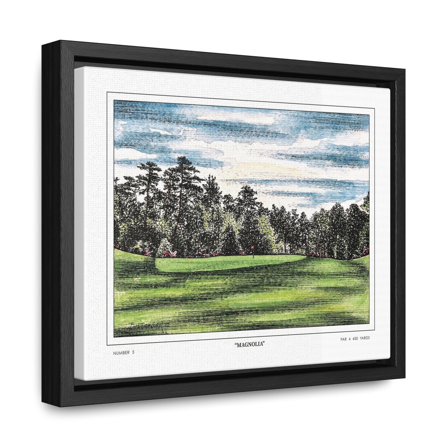 Magnolia Augusta National Hole 5 Watercolor Painting | Original Masters Golf Art for Wall | Framed Horizontal Stretched Canvas Print