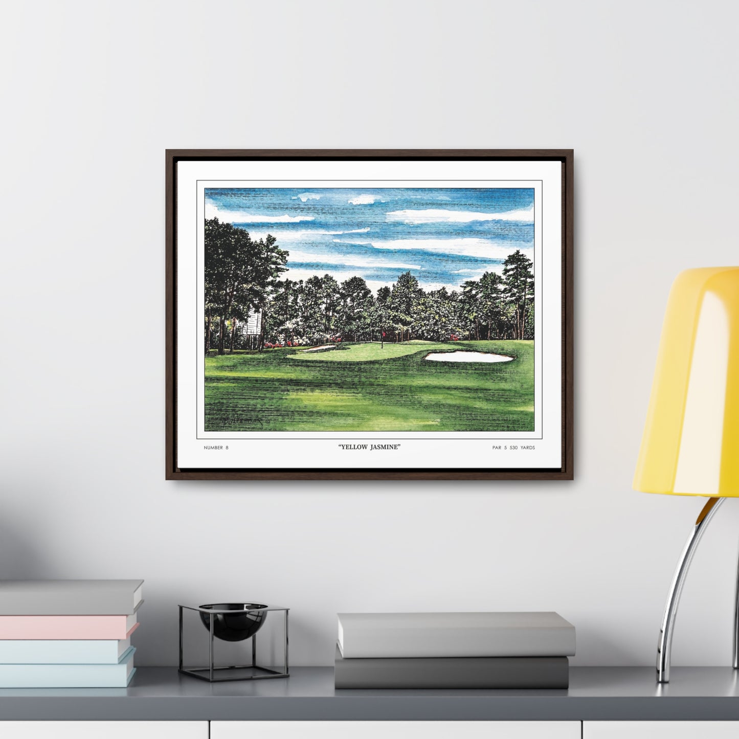 Yellow Jasmine Augusta National Hole 8 Watercolor Painting | Original Masters Golf Art for Wall | Framed Horizontal Stretched Canvas Print