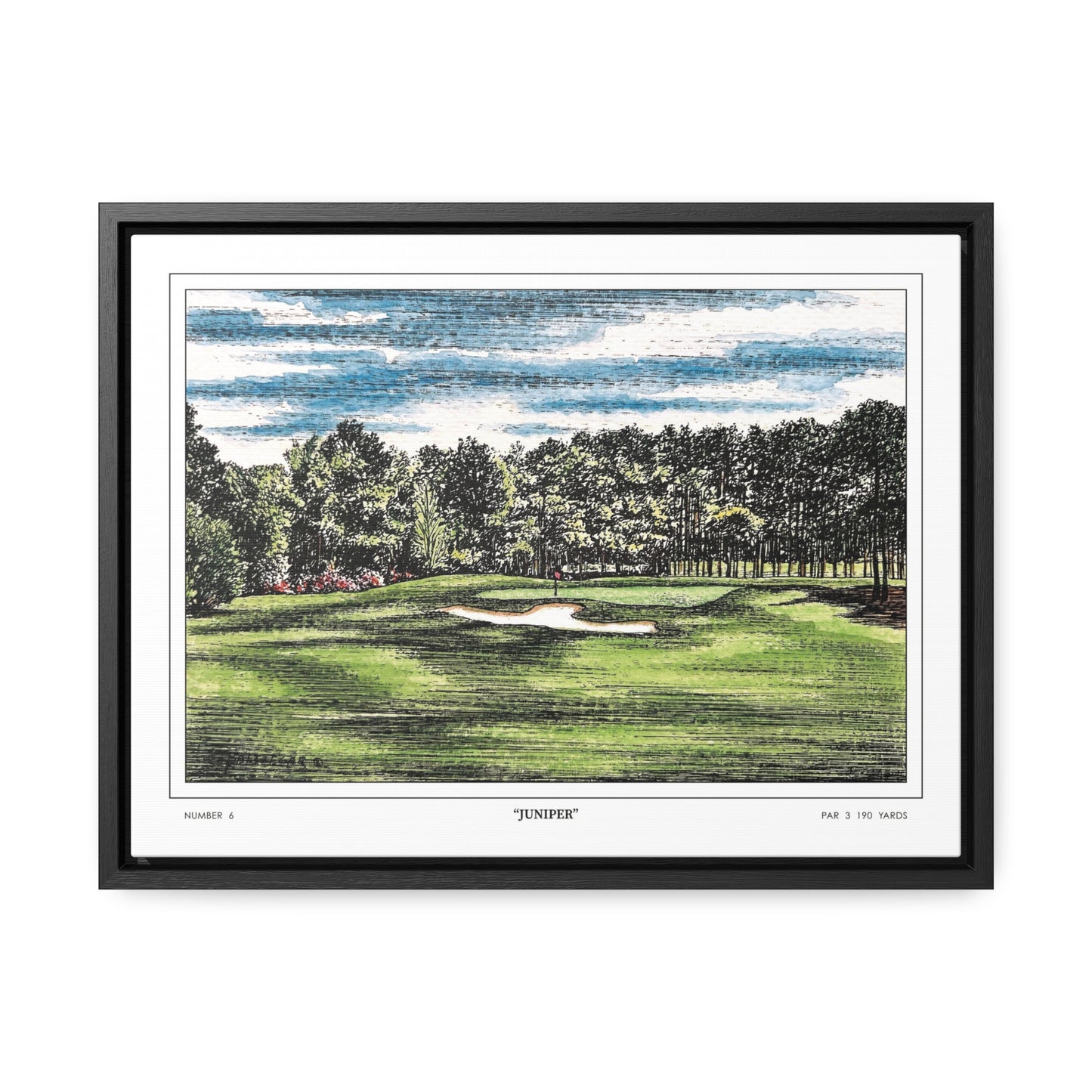 Juniper Augusta National Hole 6 Watercolor Painting | Original Masters Golf Art for Wall | Framed Horizontal Stretched Canvas Print