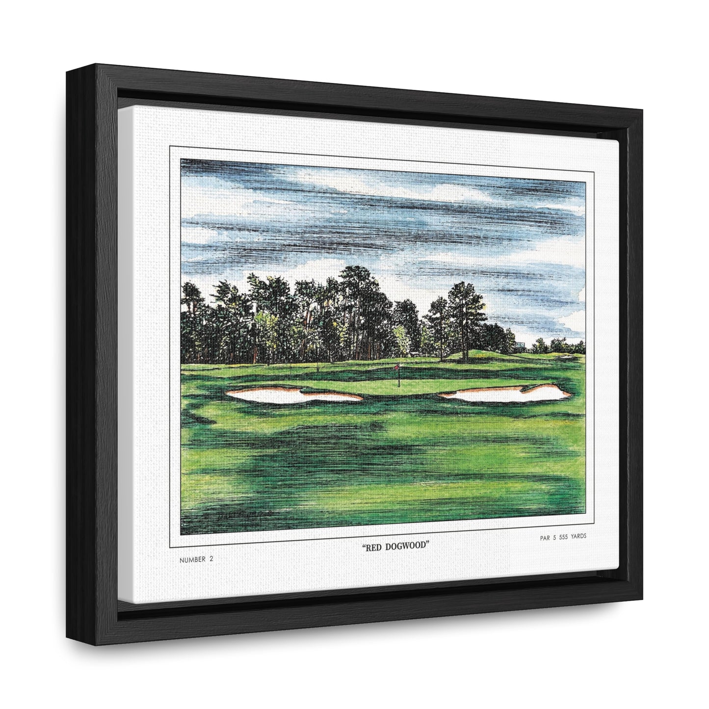 Pink Dogwood Augusta National Hole 2 Watercolor Painting | Original Masters Golf Art for Wall | Framed Horizontal Stretched Canvas Print