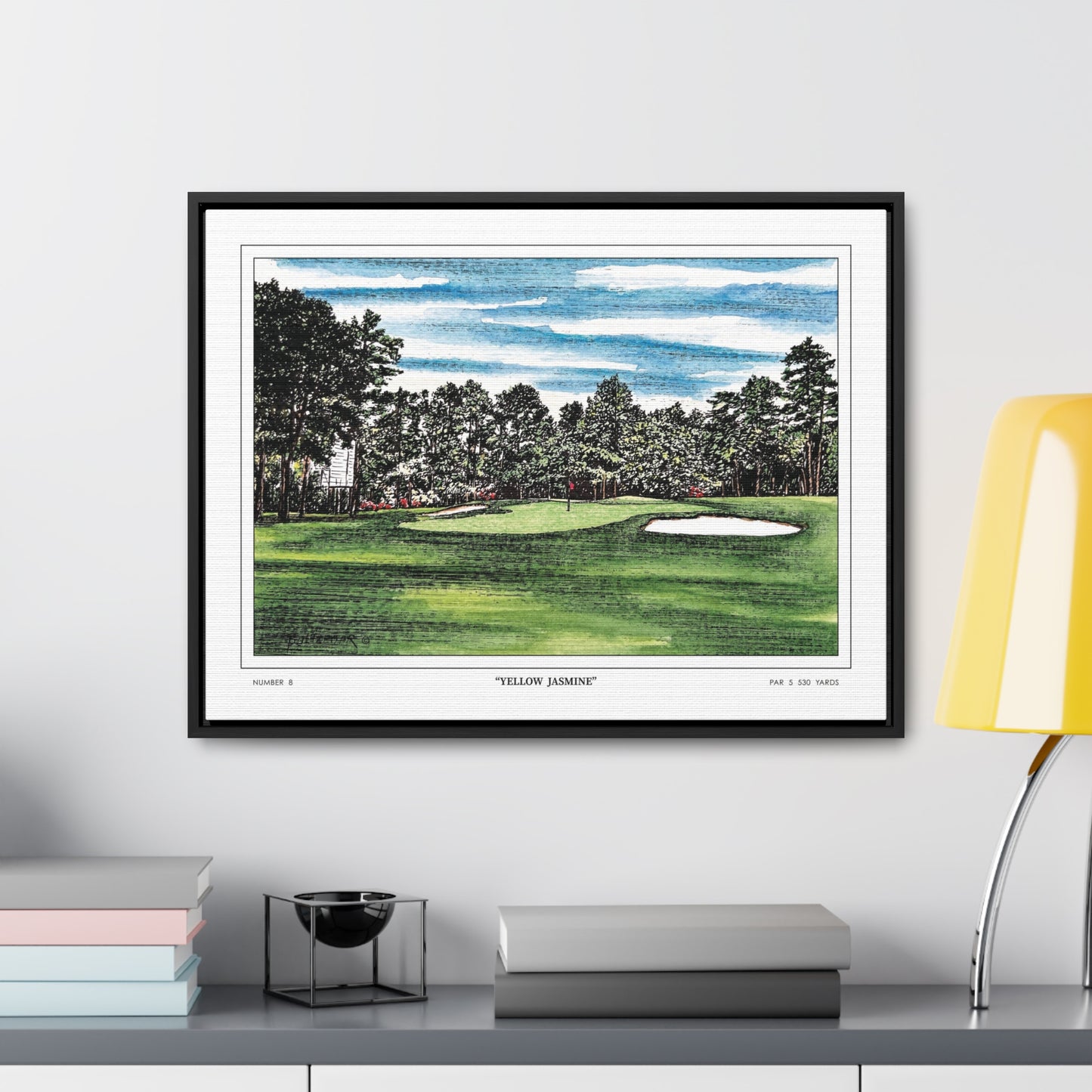 Yellow Jasmine Augusta National Hole 8 Watercolor Painting | Original Masters Golf Art for Wall | Framed Horizontal Stretched Canvas Print