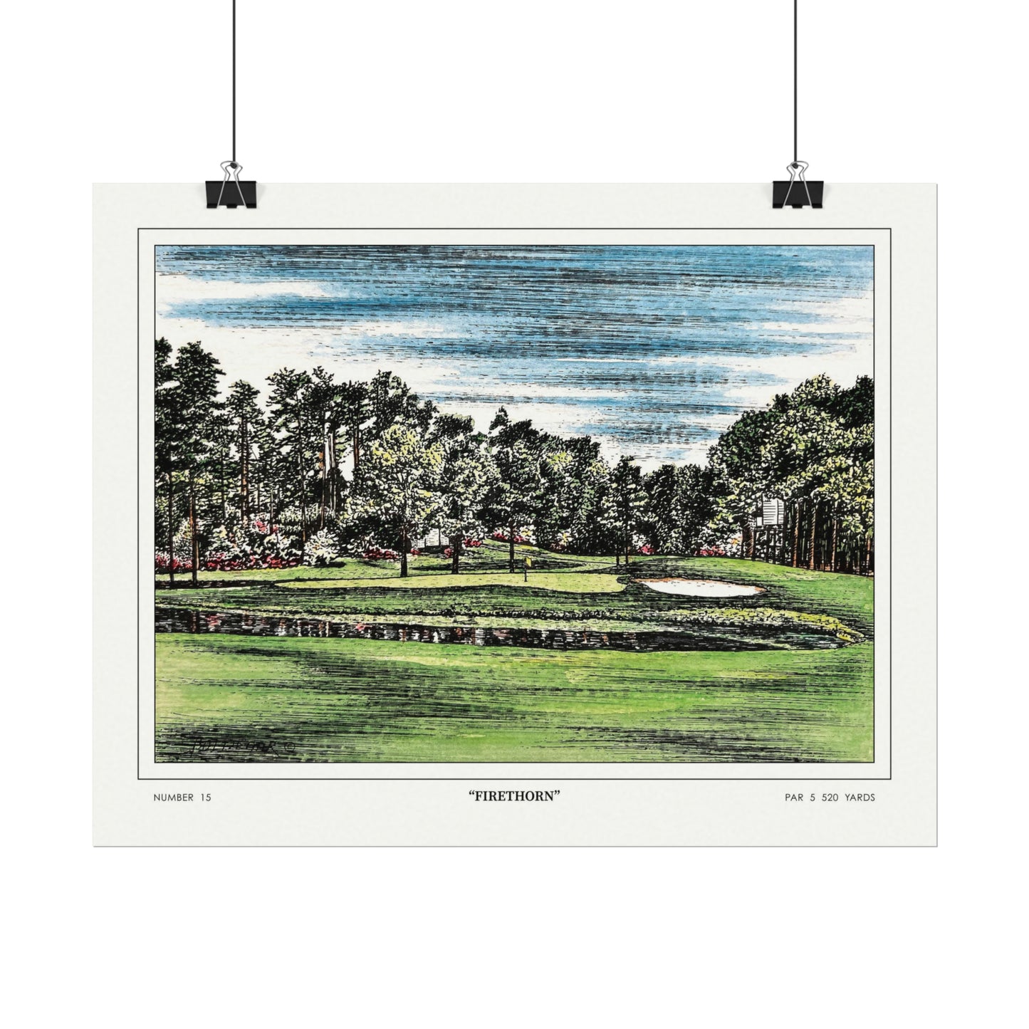 Hole 15 "Firethorn" at Augusta National in 1968 | Vintage Masters Wall Art | Horizontal Decor | Golf Course Poster | Watercolor Print