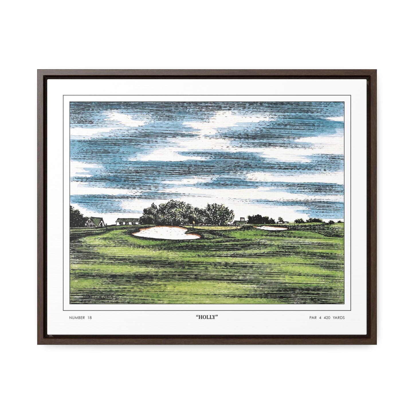 Holly Augusta National Hole 18 Watercolor Painting | Original Masters Golf Art for Wall | Framed Horizontal Stretched Canvas Print