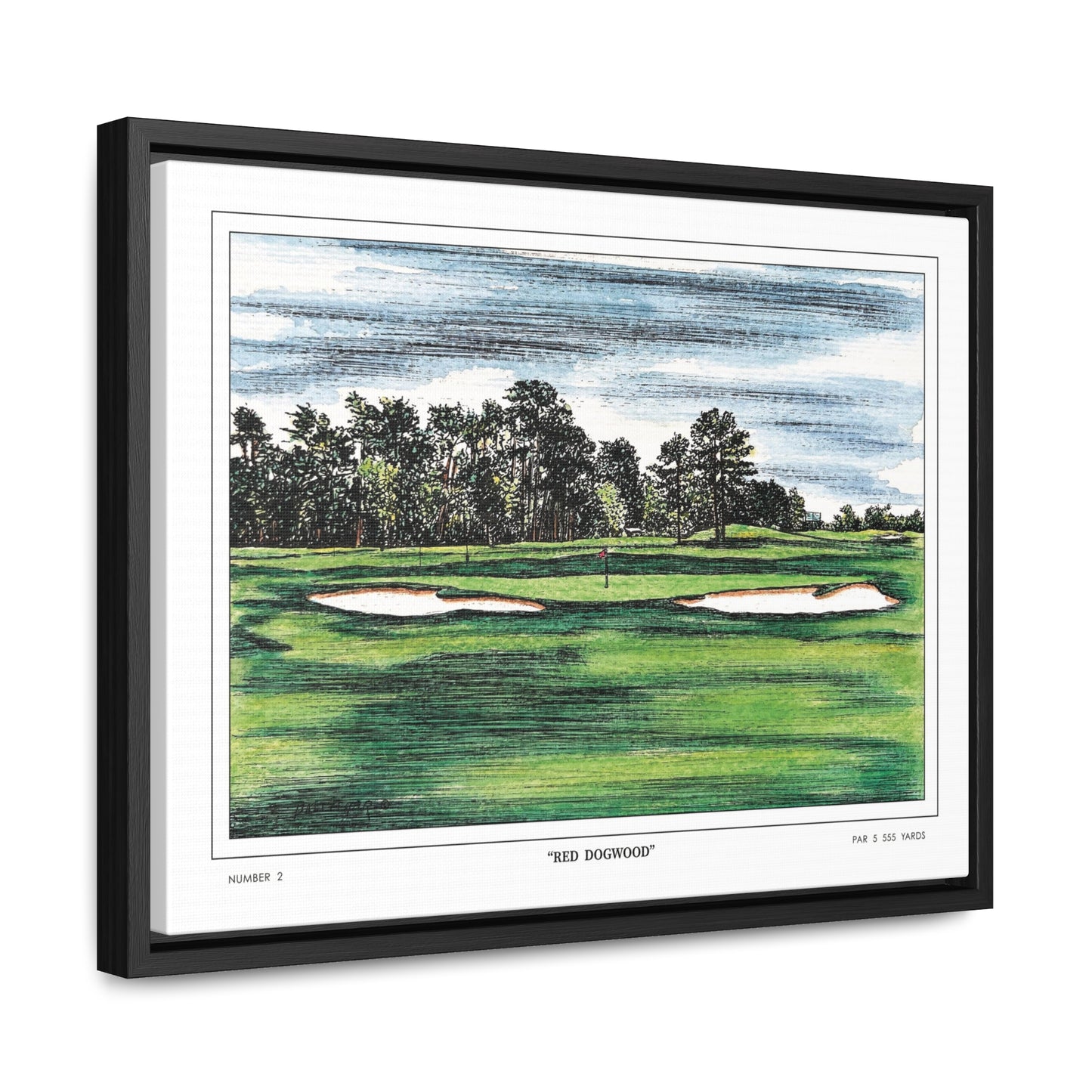 Pink Dogwood Augusta National Hole 2 Watercolor Painting | Original Masters Golf Art for Wall | Framed Horizontal Stretched Canvas Print