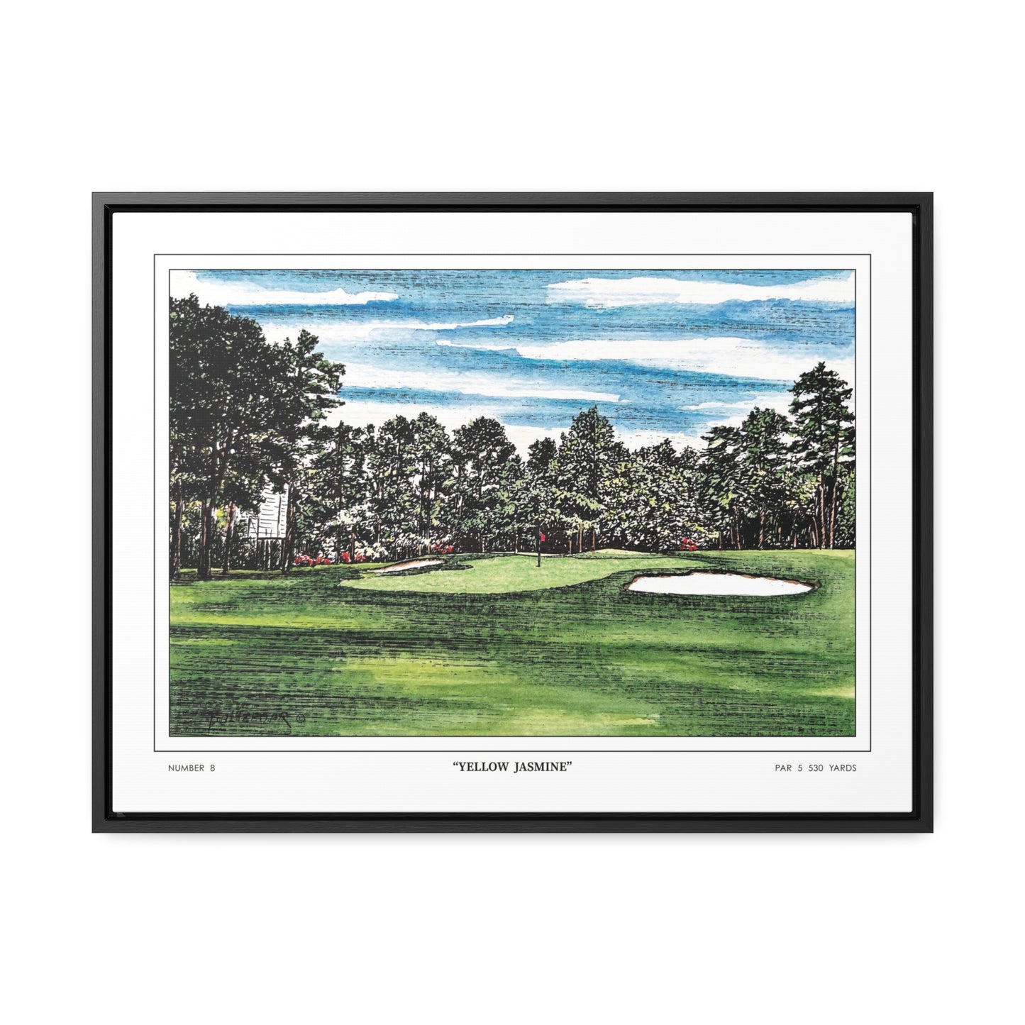 Yellow Jasmine Augusta National Hole 8 Watercolor Painting | Original Masters Golf Art for Wall | Framed Horizontal Stretched Canvas Print