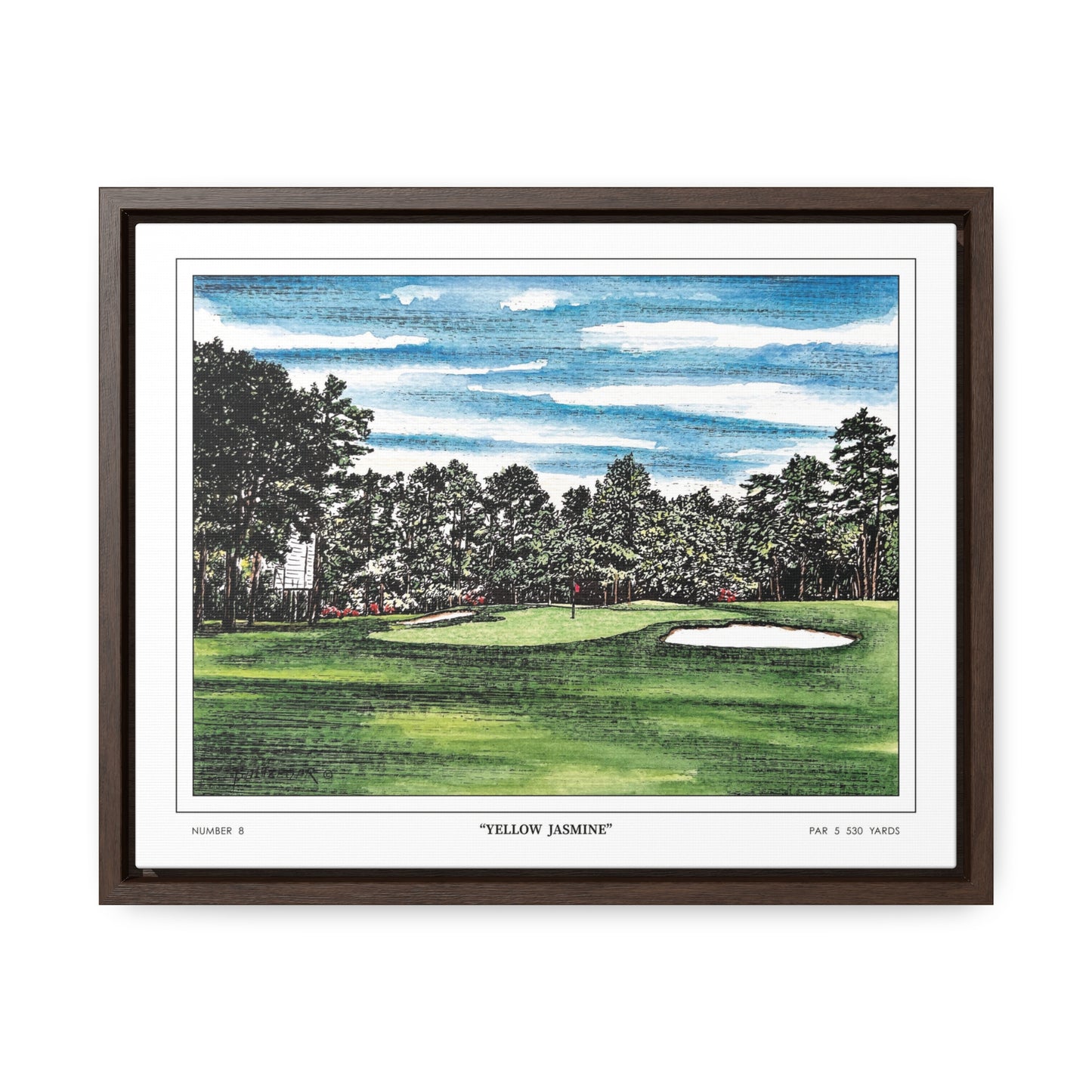 Yellow Jasmine Augusta National Hole 8 Watercolor Painting | Original Masters Golf Art for Wall | Framed Horizontal Stretched Canvas Print