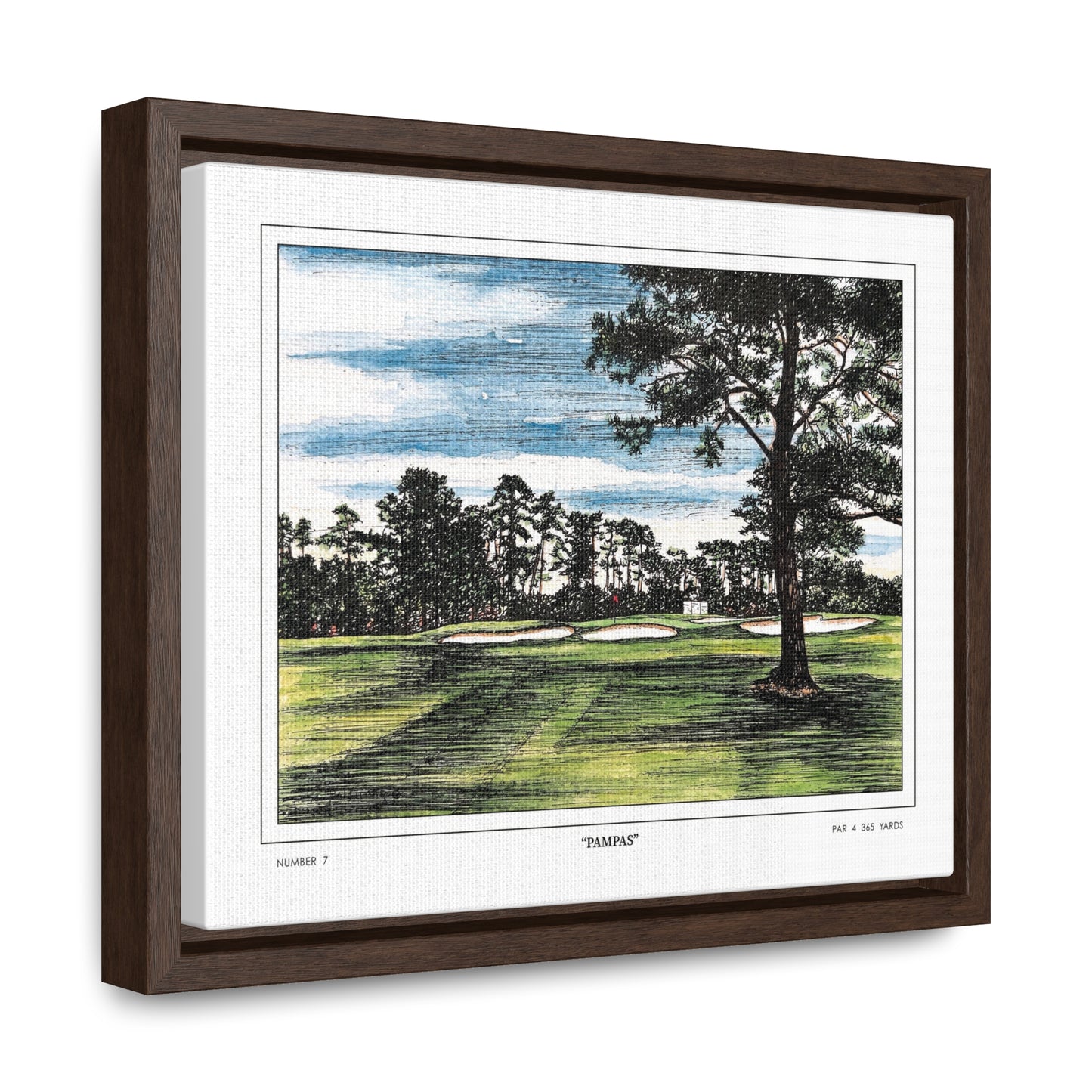 Pampas Augusta National Hole 7 Watercolor Painting | Original Masters Golf Art for Wall | Framed Horizontal Stretched Canvas Print