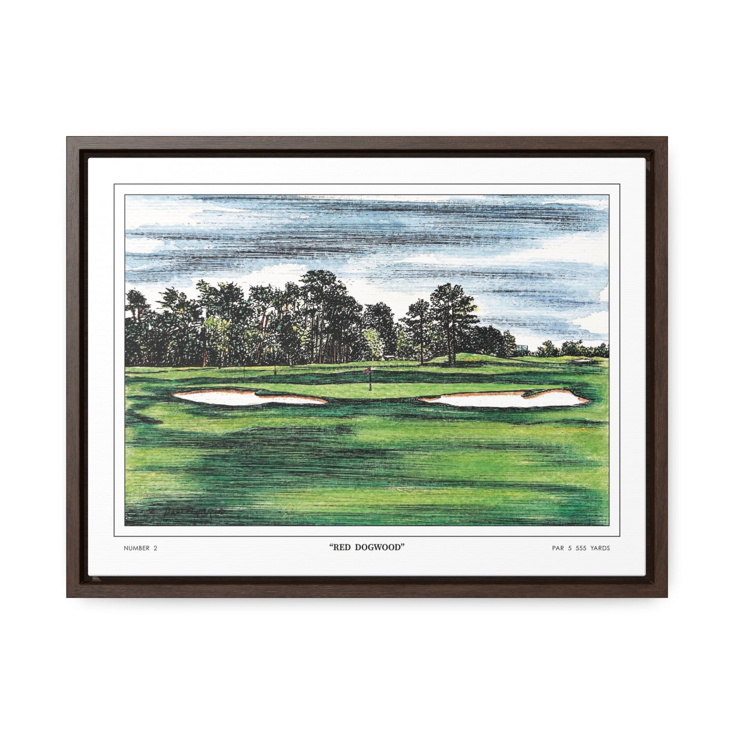 Pink Dogwood Augusta National Hole 2 Watercolor Painting | Original Masters Golf Art for Wall | Framed Horizontal Stretched Canvas Print