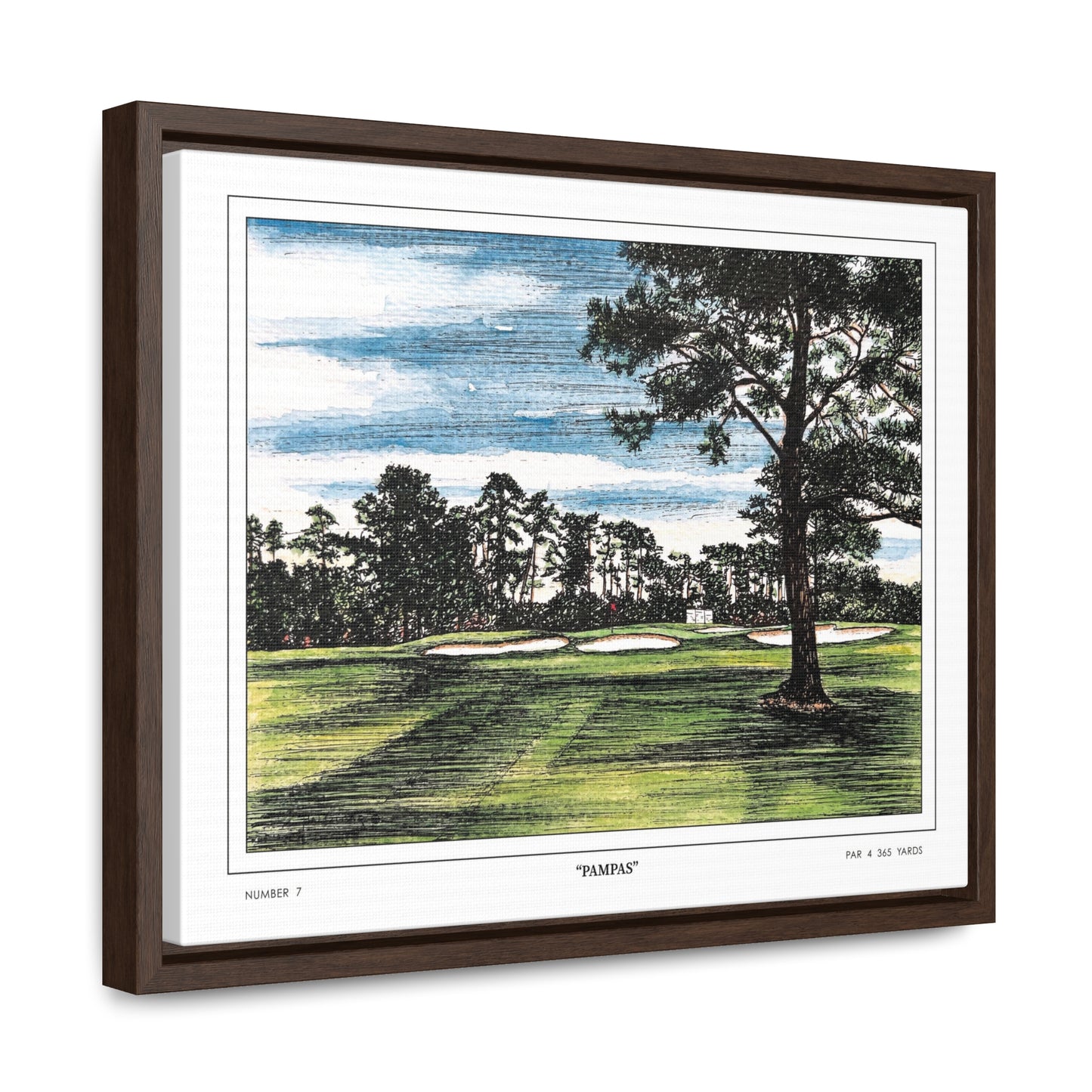 Pampas Augusta National Hole 7 Watercolor Painting | Original Masters Golf Art for Wall | Framed Horizontal Stretched Canvas Print