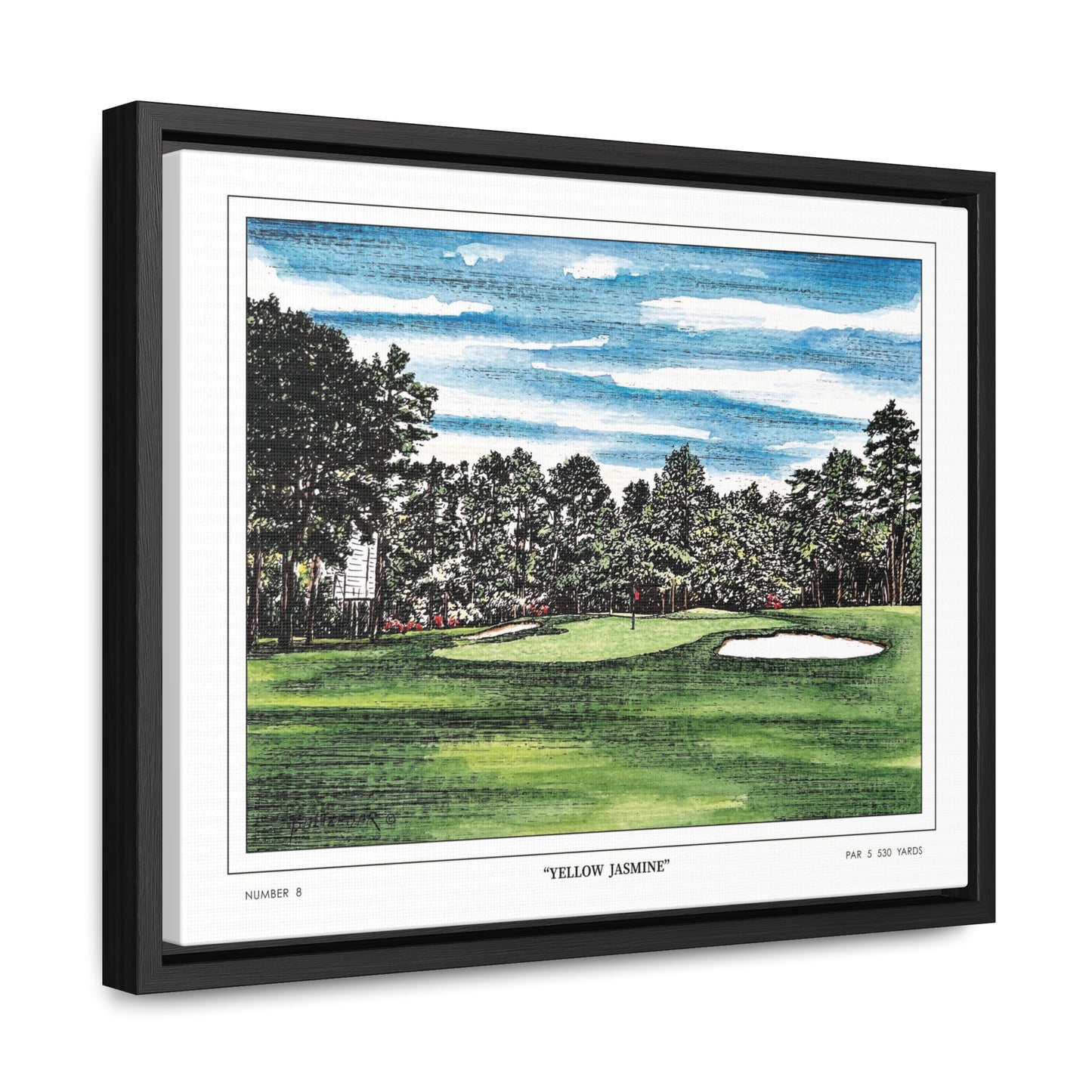 Yellow Jasmine Augusta National Hole 8 Watercolor Painting | Original Masters Golf Art for Wall | Framed Horizontal Stretched Canvas Print