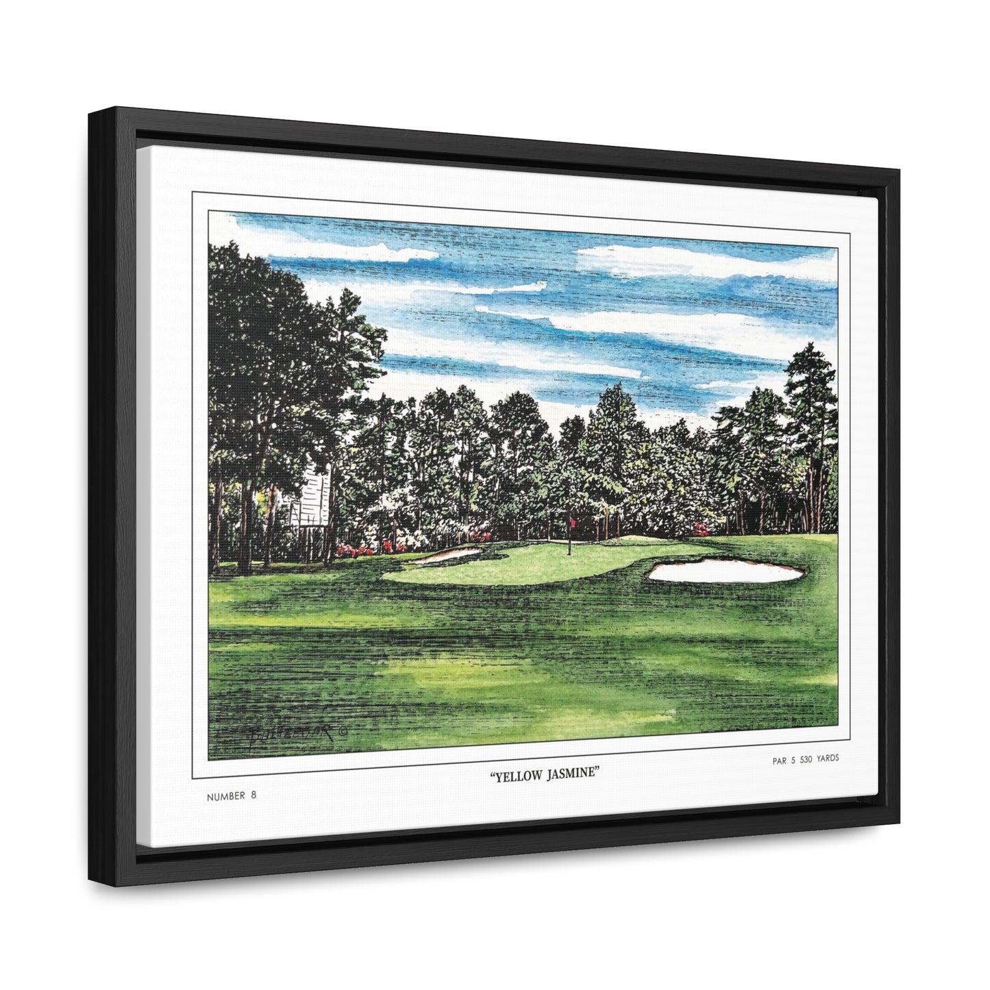 Yellow Jasmine Augusta National Hole 8 Watercolor Painting | Original Masters Golf Art for Wall | Framed Horizontal Stretched Canvas Print