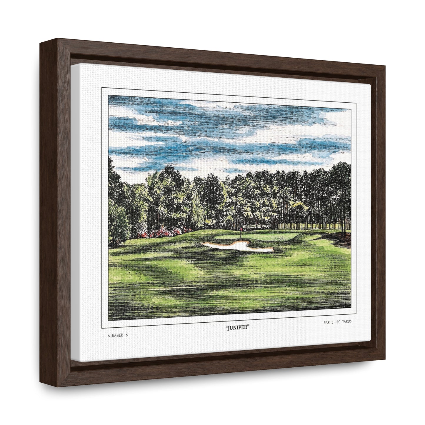 Juniper Augusta National Hole 6 Watercolor Painting | Original Masters Golf Art for Wall | Framed Horizontal Stretched Canvas Print