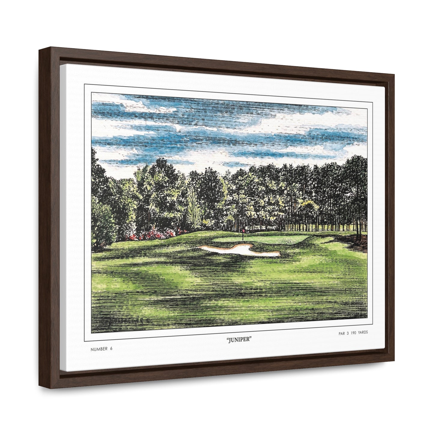 Juniper Augusta National Hole 6 Watercolor Painting | Original Masters Golf Art for Wall | Framed Horizontal Stretched Canvas Print