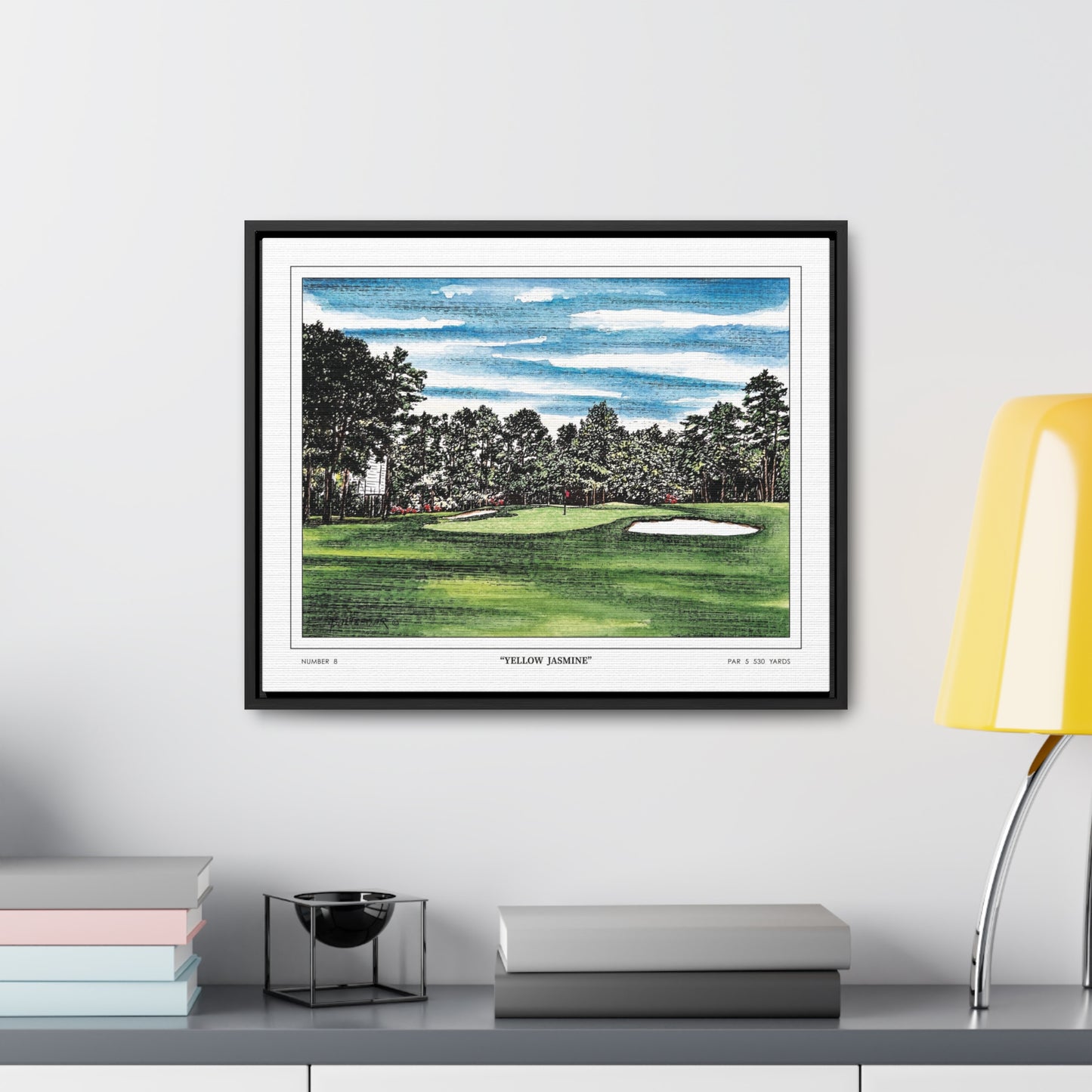 Yellow Jasmine Augusta National Hole 8 Watercolor Painting | Original Masters Golf Art for Wall | Framed Horizontal Stretched Canvas Print