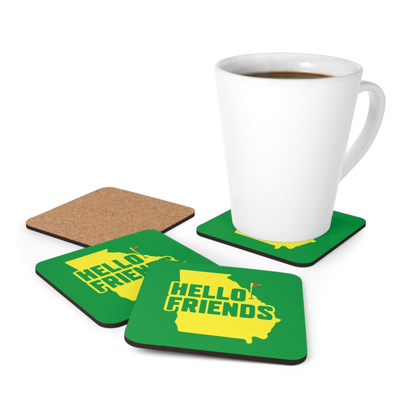 Hello Friends Wood Cork Golf Themed Beverage Coasters