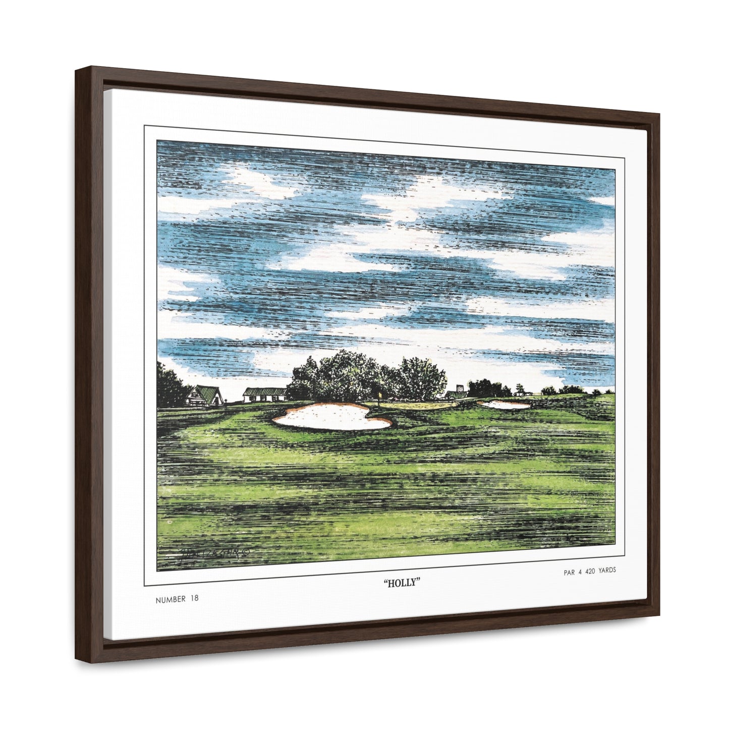 Holly Augusta National Hole 18 Watercolor Painting | Original Masters Golf Art for Wall | Framed Horizontal Stretched Canvas Print