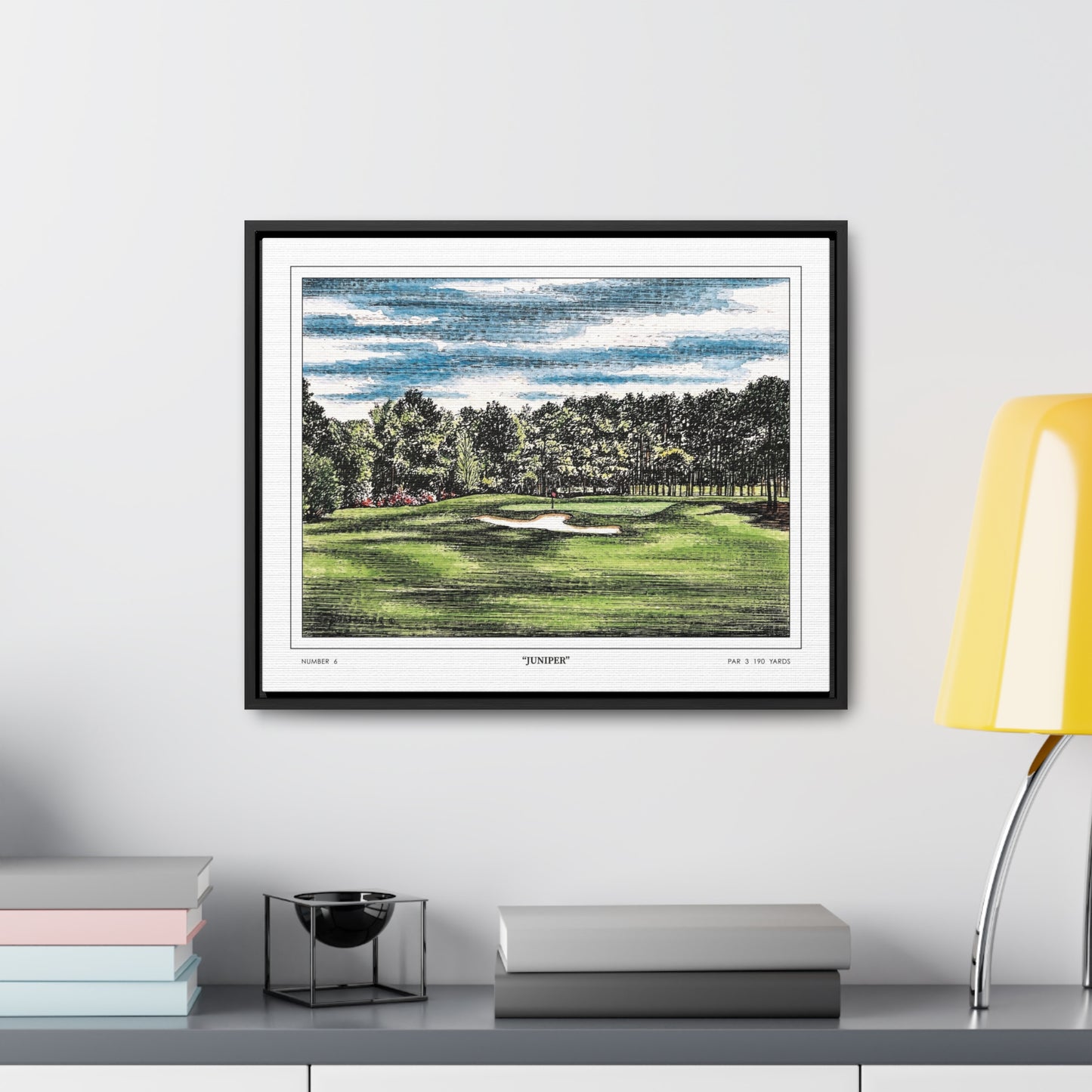 Juniper Augusta National Hole 6 Watercolor Painting | Original Masters Golf Art for Wall | Framed Horizontal Stretched Canvas Print