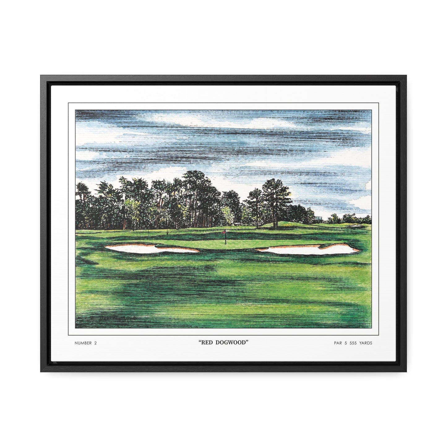 Pink Dogwood Augusta National Hole 2 Watercolor Painting | Original Masters Golf Art for Wall | Framed Horizontal Stretched Canvas Print