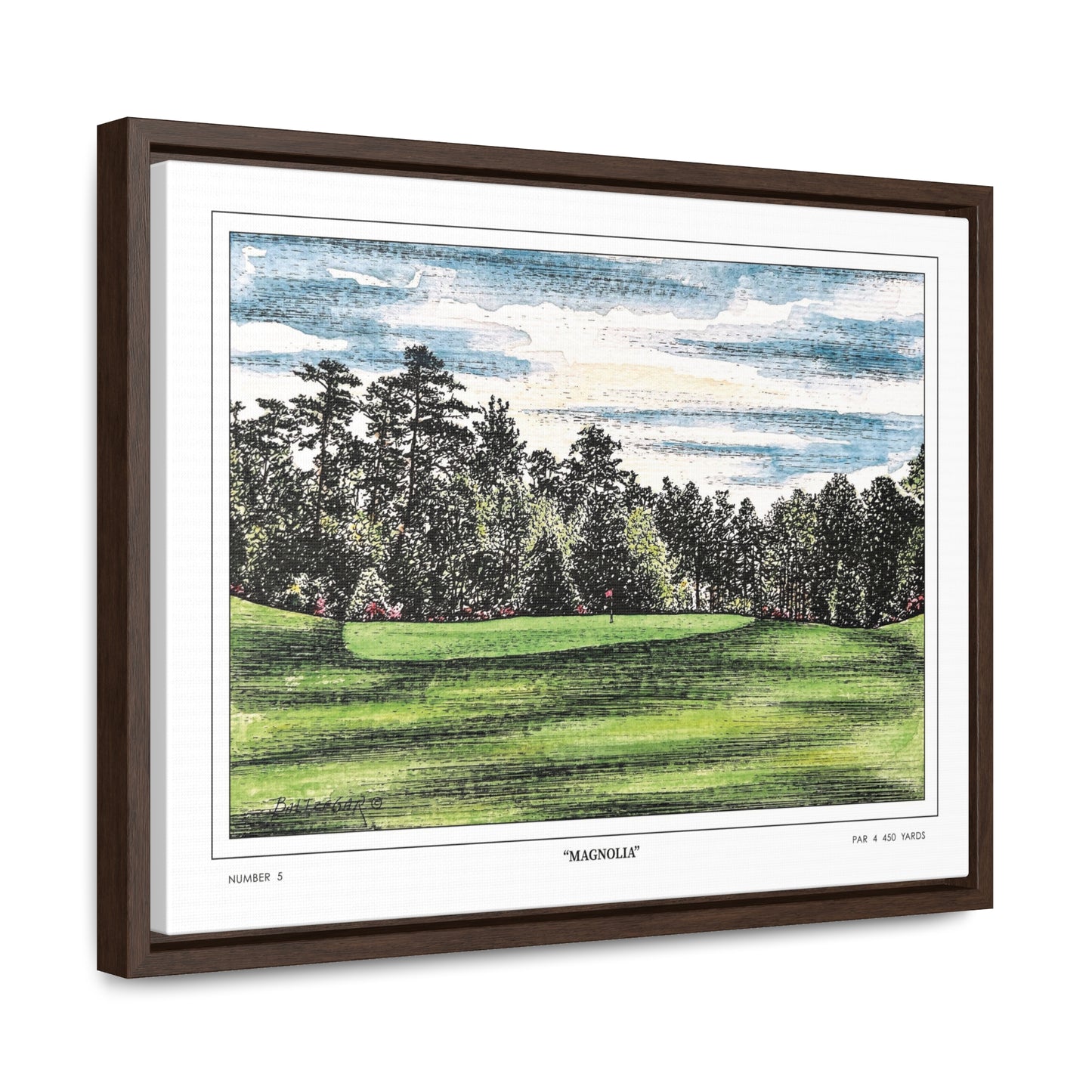 Magnolia Augusta National Hole 5 Watercolor Painting | Original Masters Golf Art for Wall | Framed Horizontal Stretched Canvas Print