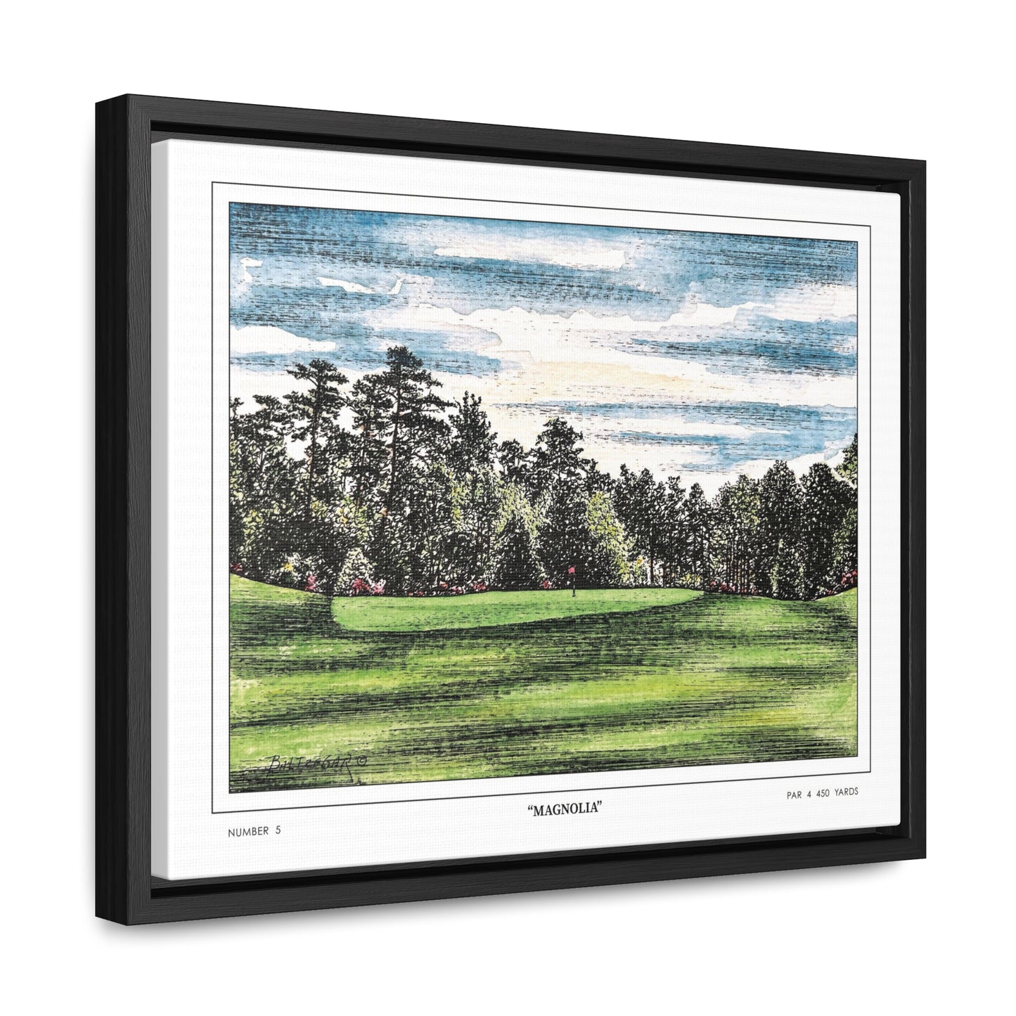 Magnolia Augusta National Hole 5 Watercolor Painting | Original Masters Golf Art for Wall | Framed Horizontal Stretched Canvas Print