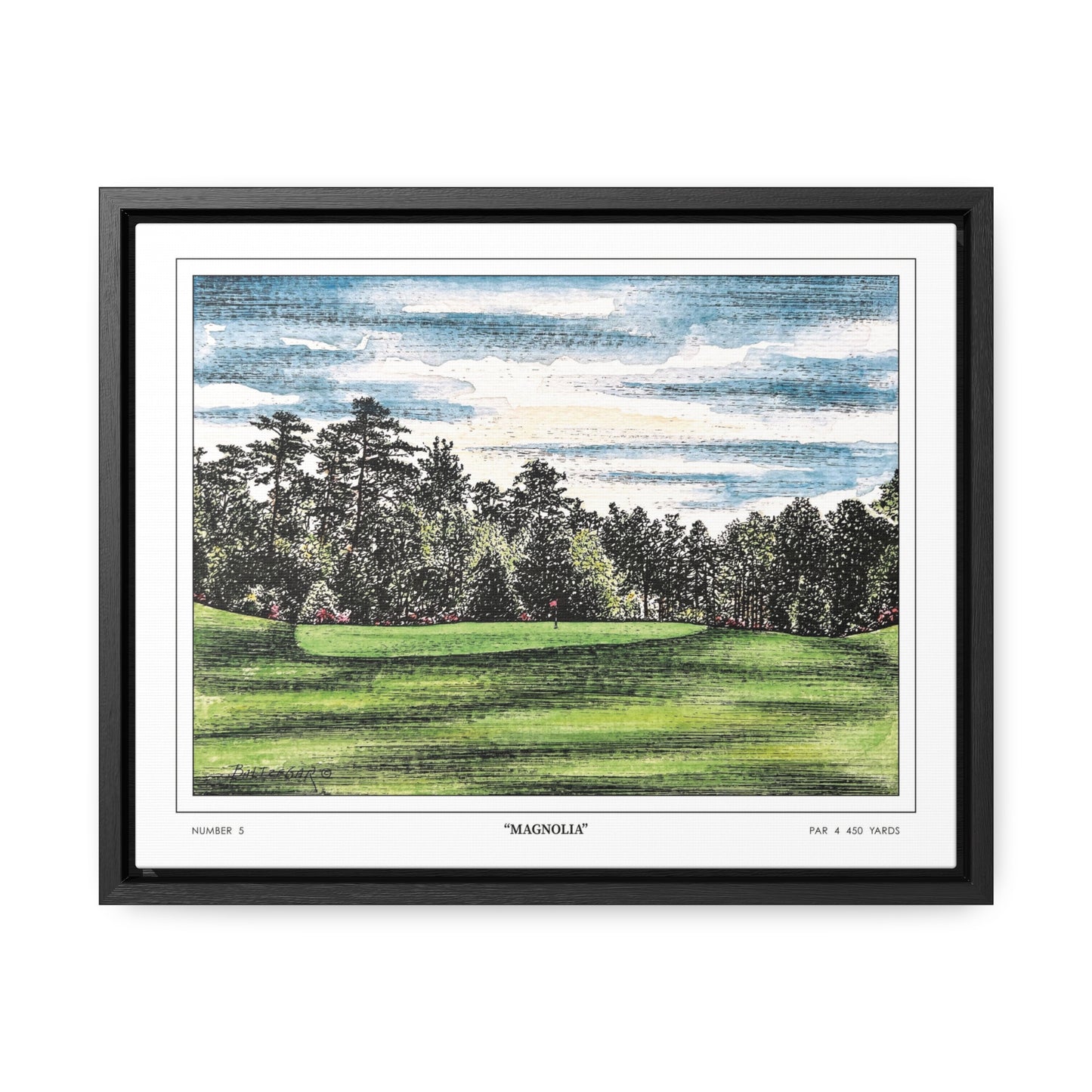 Magnolia Augusta National Hole 5 Watercolor Painting | Original Masters Golf Art for Wall | Framed Horizontal Stretched Canvas Print