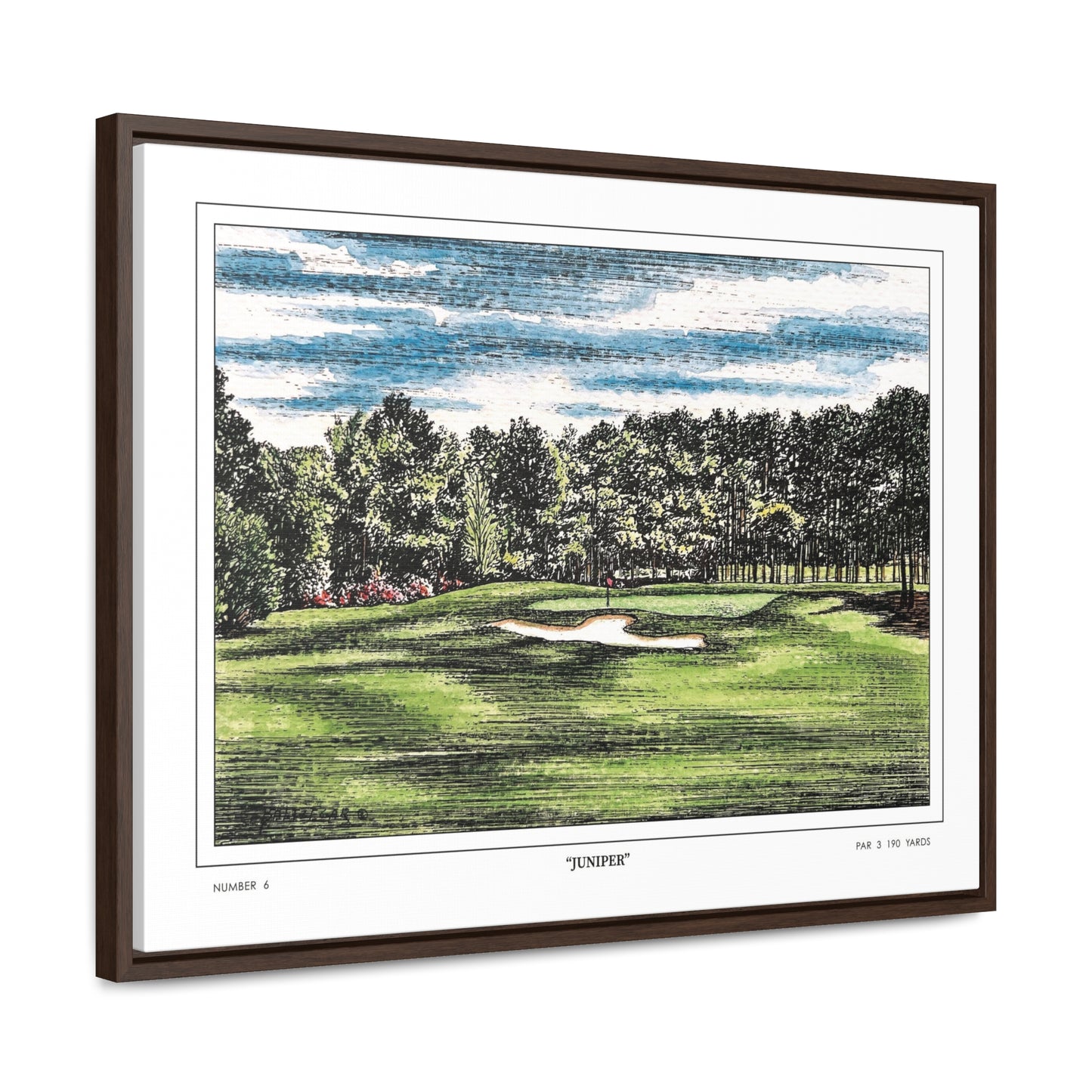 Juniper Augusta National Hole 6 Watercolor Painting | Original Masters Golf Art for Wall | Framed Horizontal Stretched Canvas Print