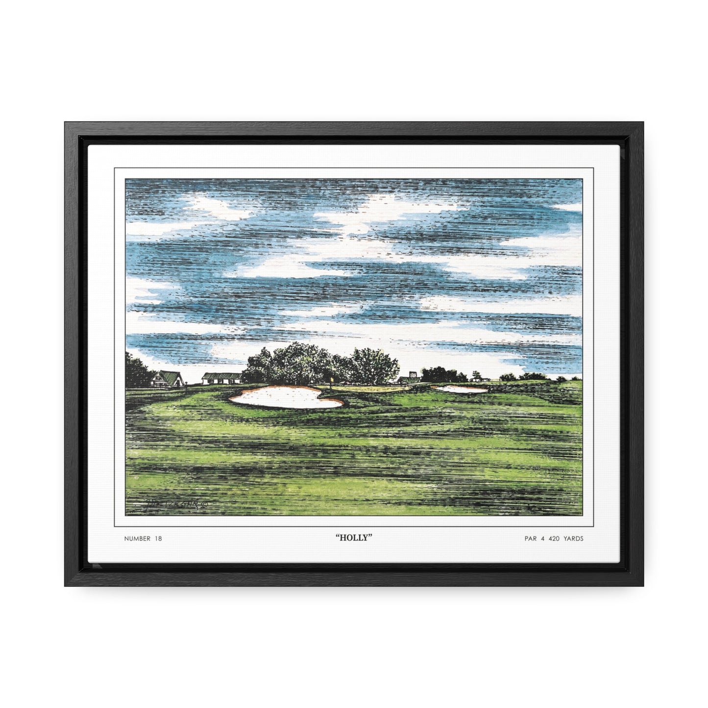 Holly Augusta National Hole 18 Watercolor Painting | Original Masters Golf Art for Wall | Framed Horizontal Stretched Canvas Print