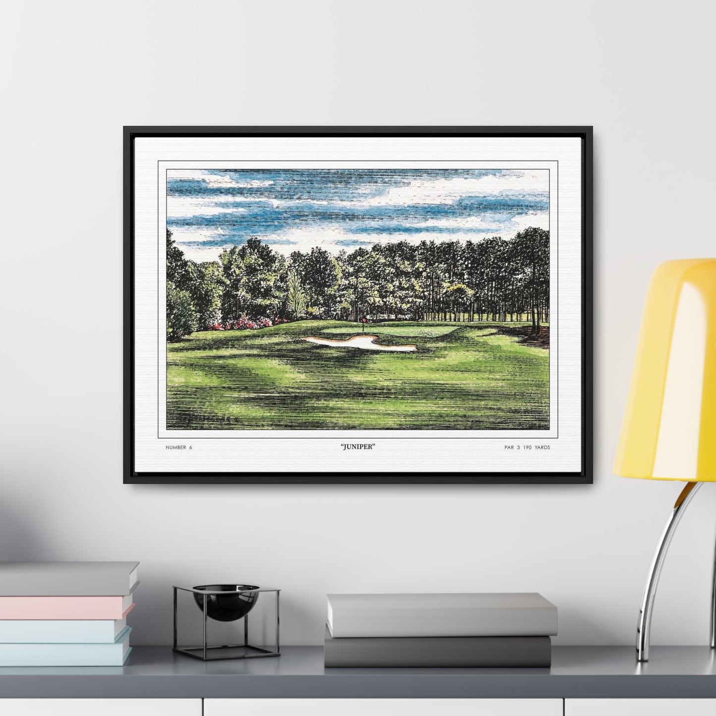 Juniper Augusta National Hole 6 Watercolor Painting | Original Masters Golf Art for Wall | Framed Horizontal Stretched Canvas Print