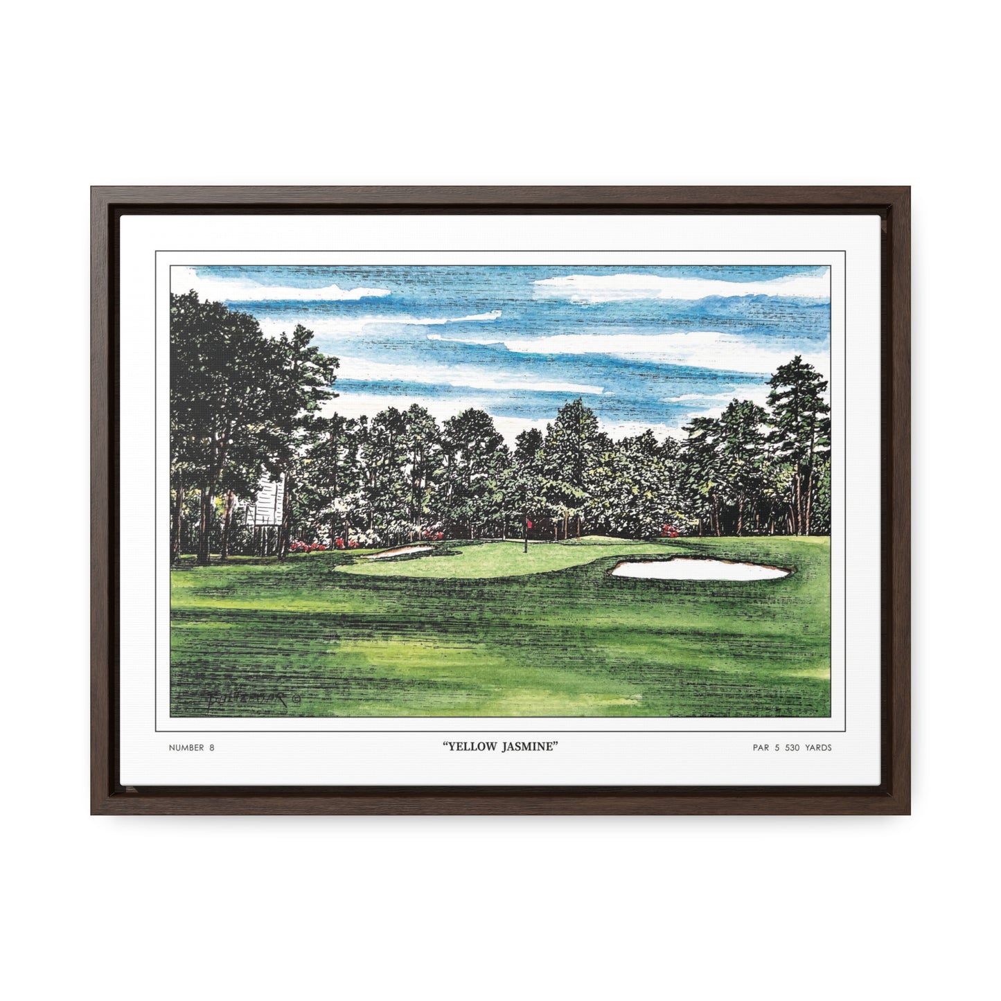 Yellow Jasmine Augusta National Hole 8 Watercolor Painting | Original Masters Golf Art for Wall | Framed Horizontal Stretched Canvas Print