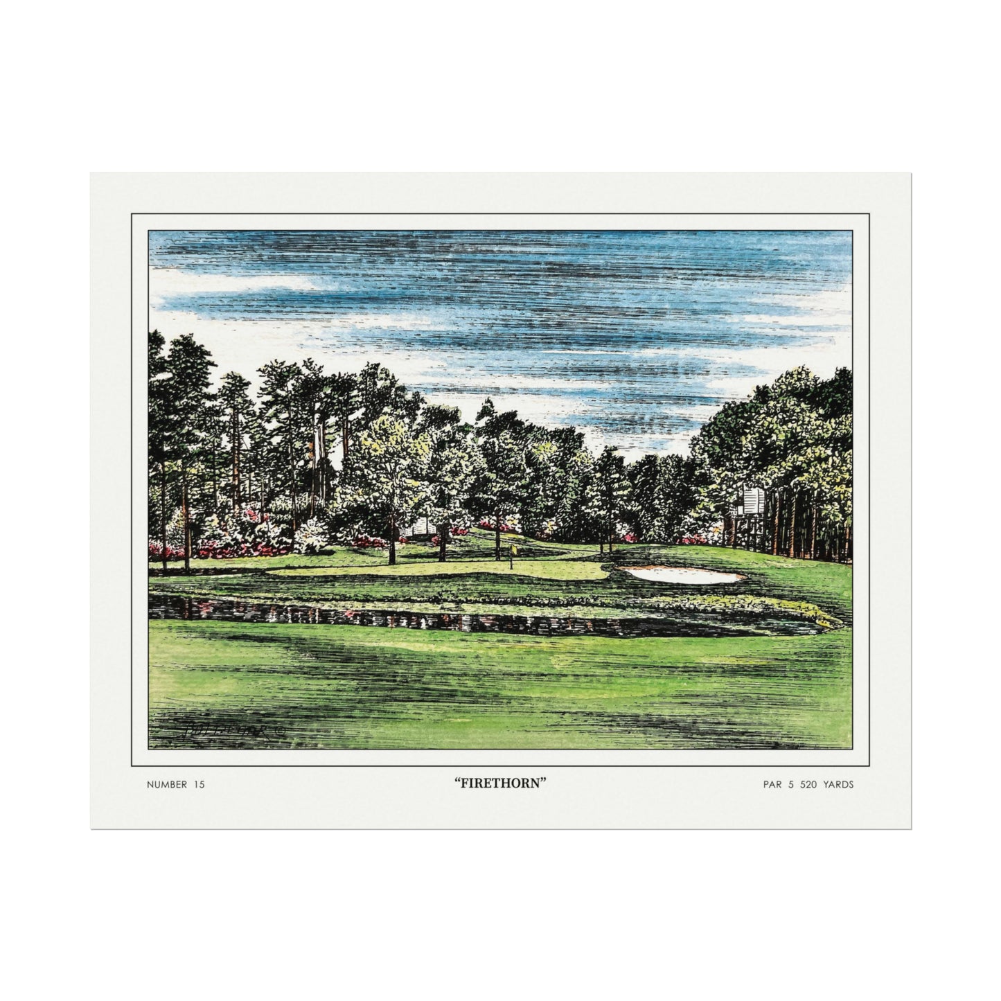 Hole 15 "Firethorn" at Augusta National in 1968 | Vintage Masters Wall Art | Horizontal Decor | Golf Course Poster | Watercolor Print